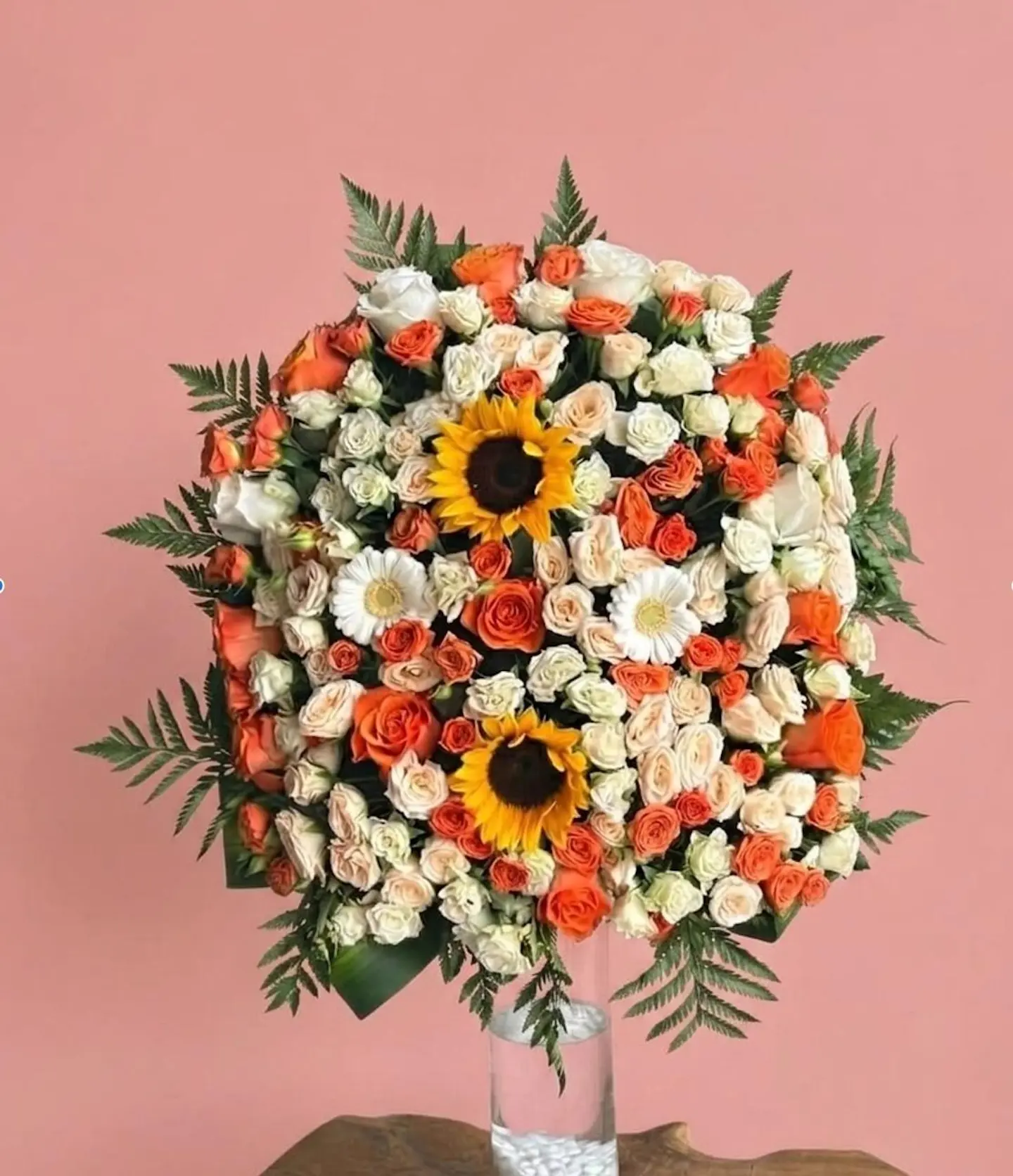 Large Sunflower & Orange Roses Glass Vase