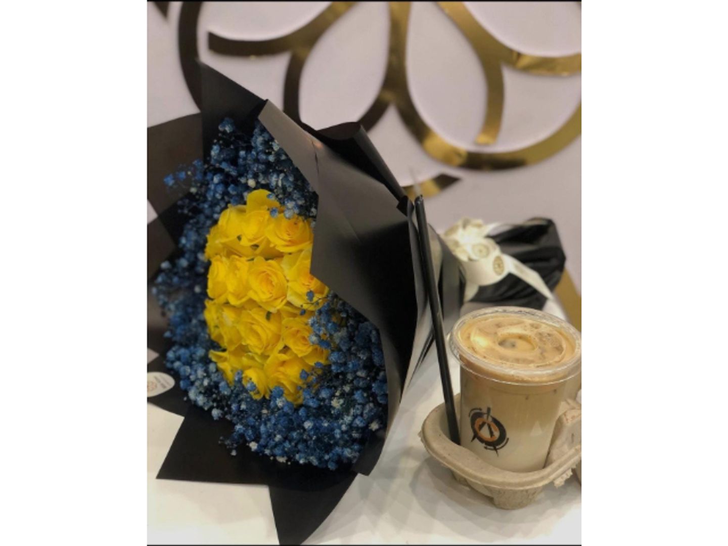 Yellow Roses And Blue Gypsum Bouquet With Cold Coffee