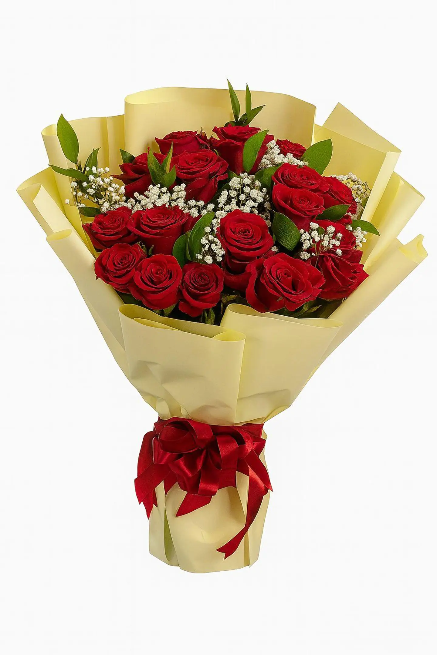 Red Roses Beautiful Bouquet With Rucess Leaf