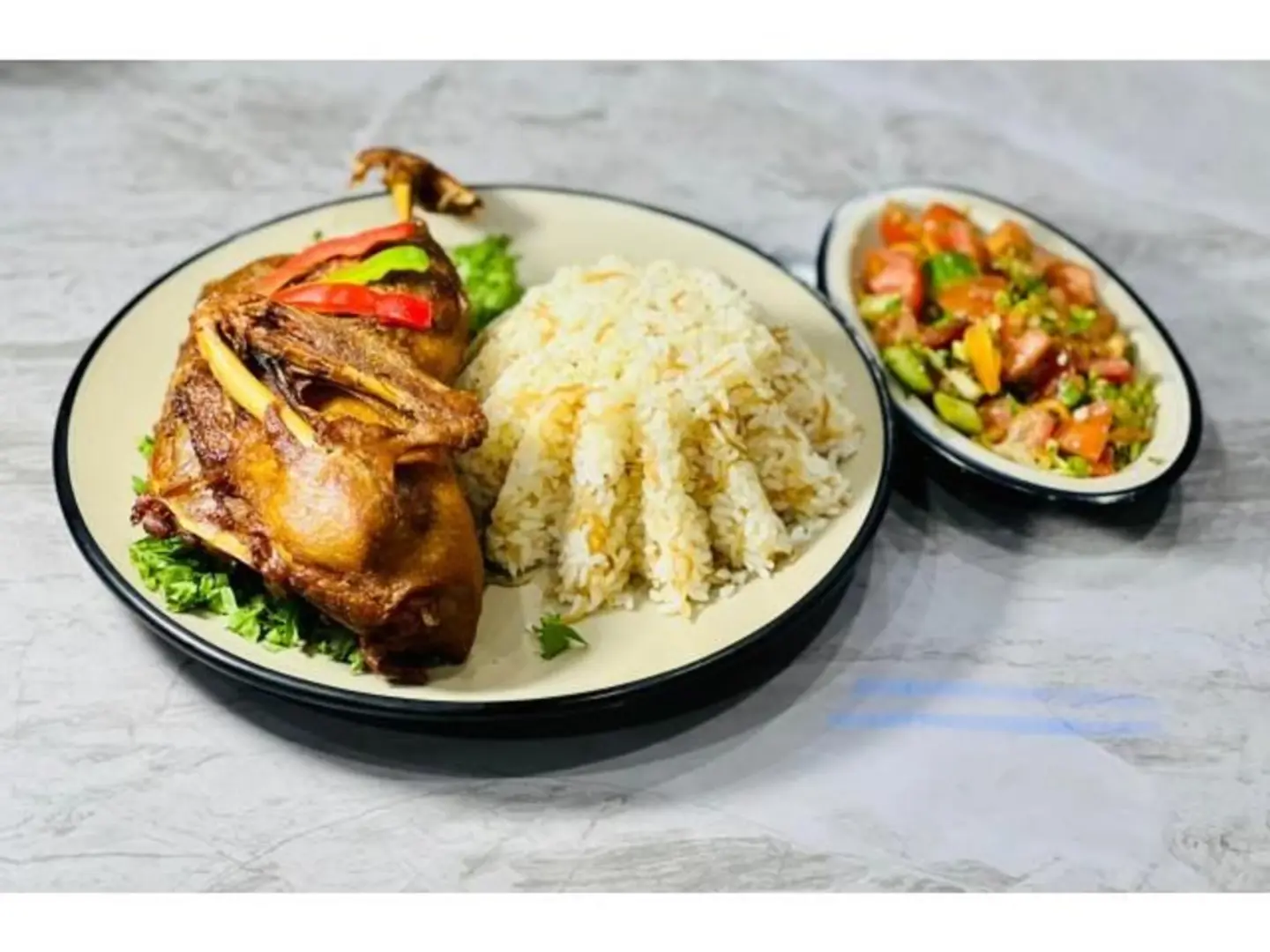 Half Roasted Duck With Rice And Vegetables