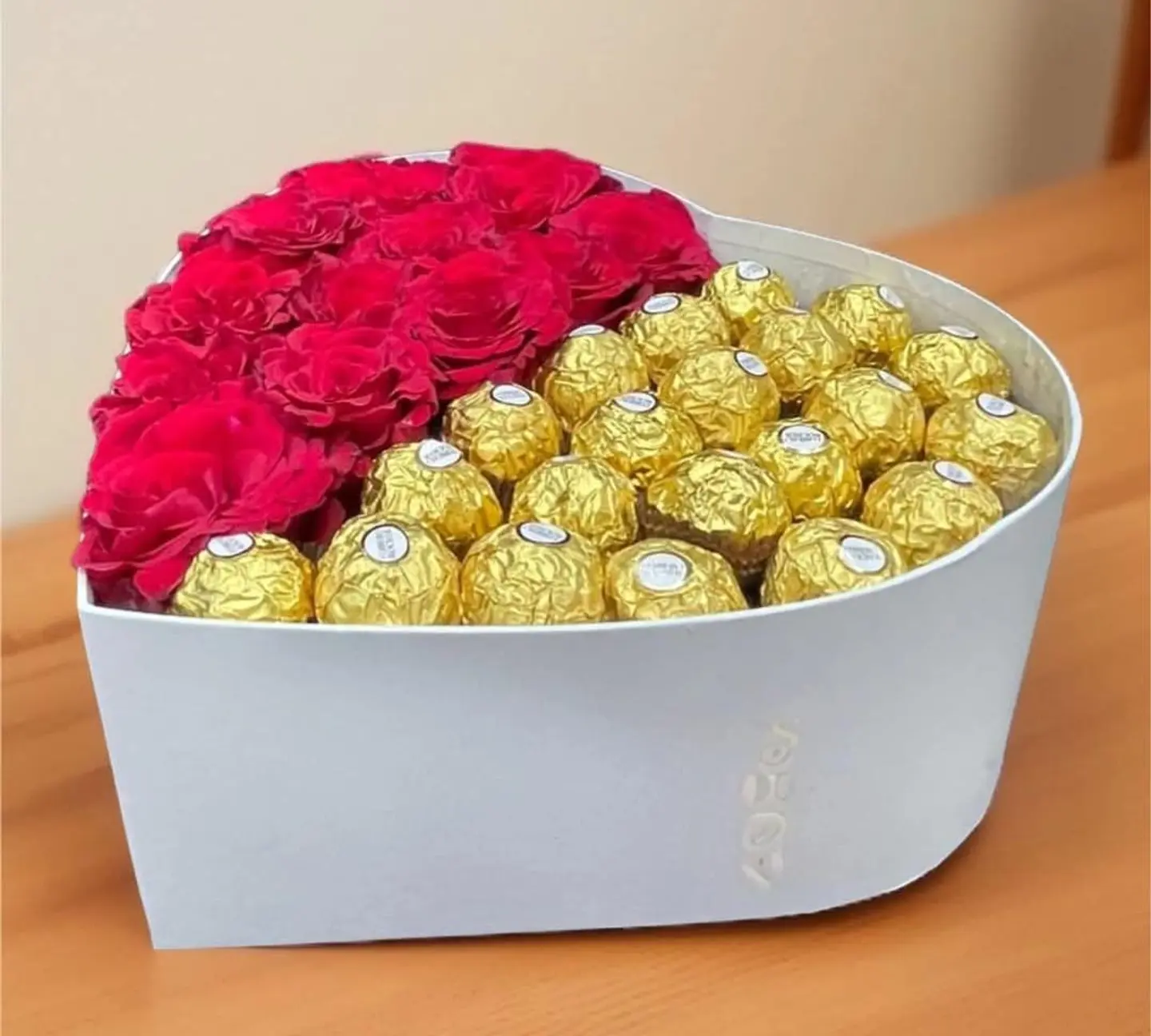 Cardboard Heart With Red Flowers And Chocolate