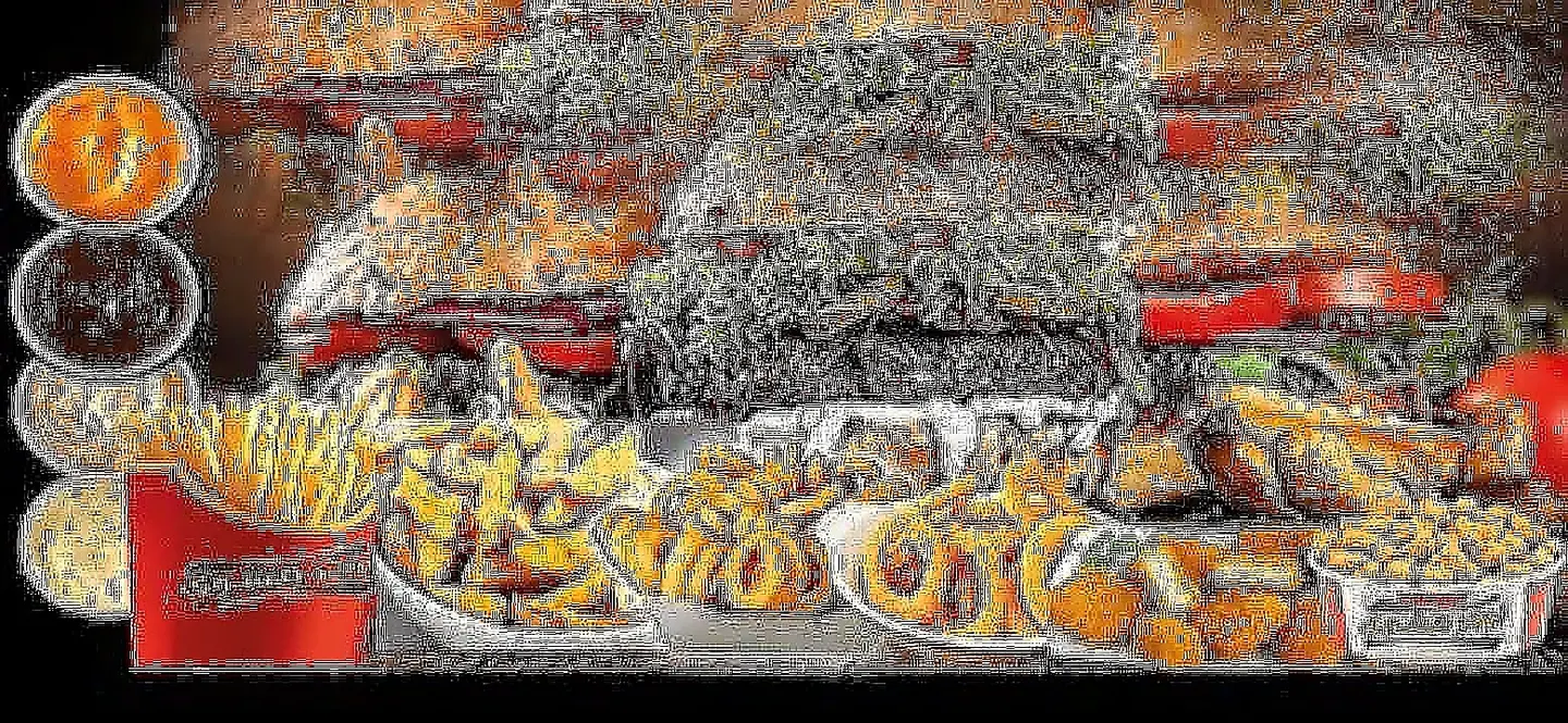 ٩برجر،بطاطس مقلي،حلقات بصل،بطاطس كرسبي،بطاطس وجدس،مسحب دجاج،بوب كورن، ٤ انواع من الصوص