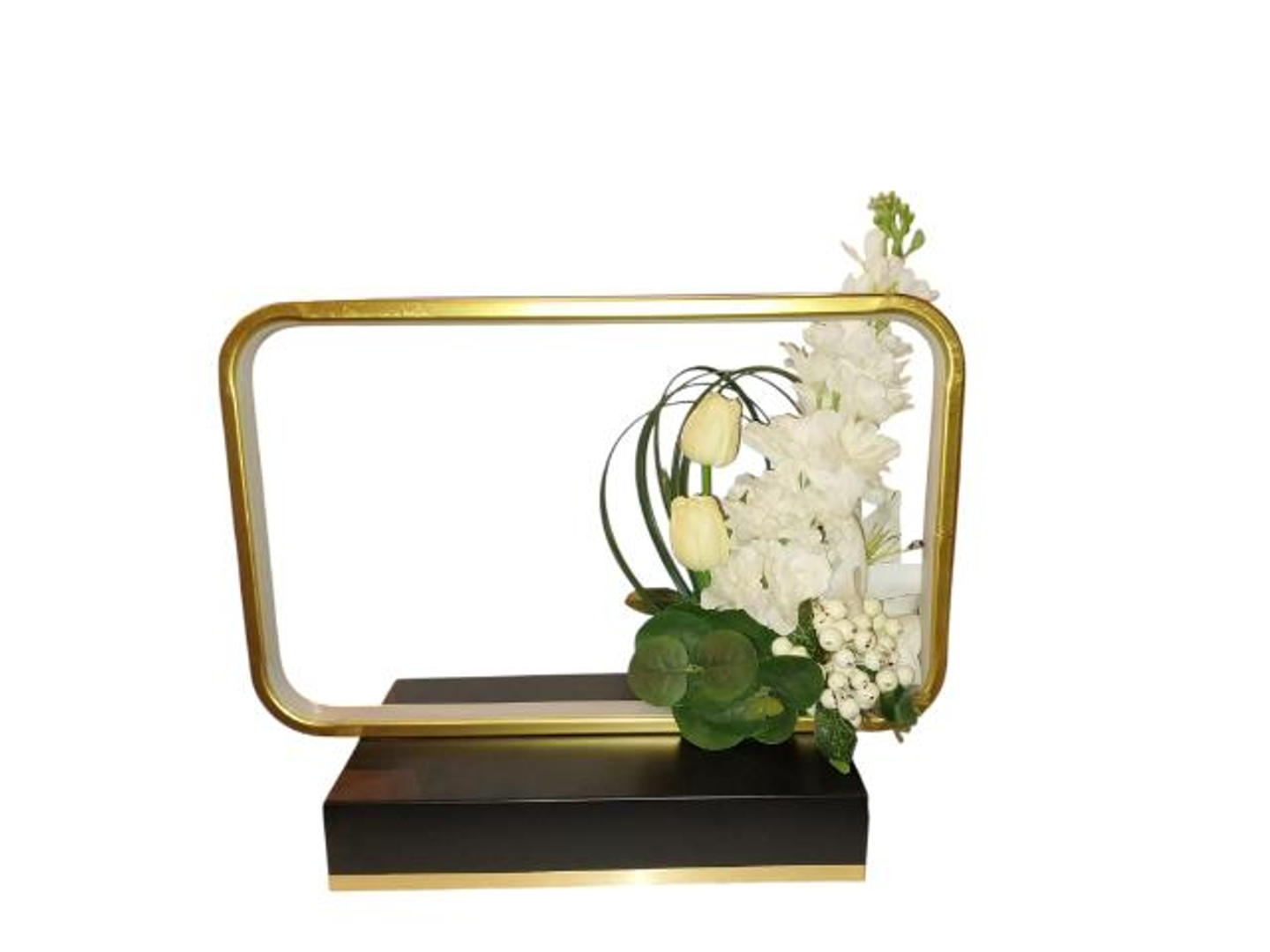 ستاند اسود ذهبي مضيء مع ورد صناعي