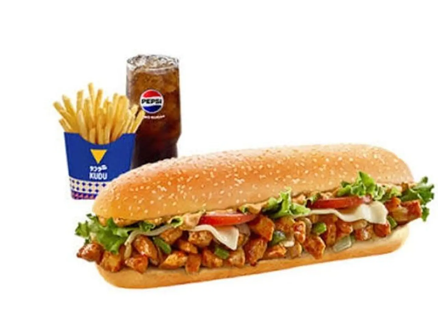 وجبة كودو دجاج مع الجبن والبطاطس والعصير والصوص