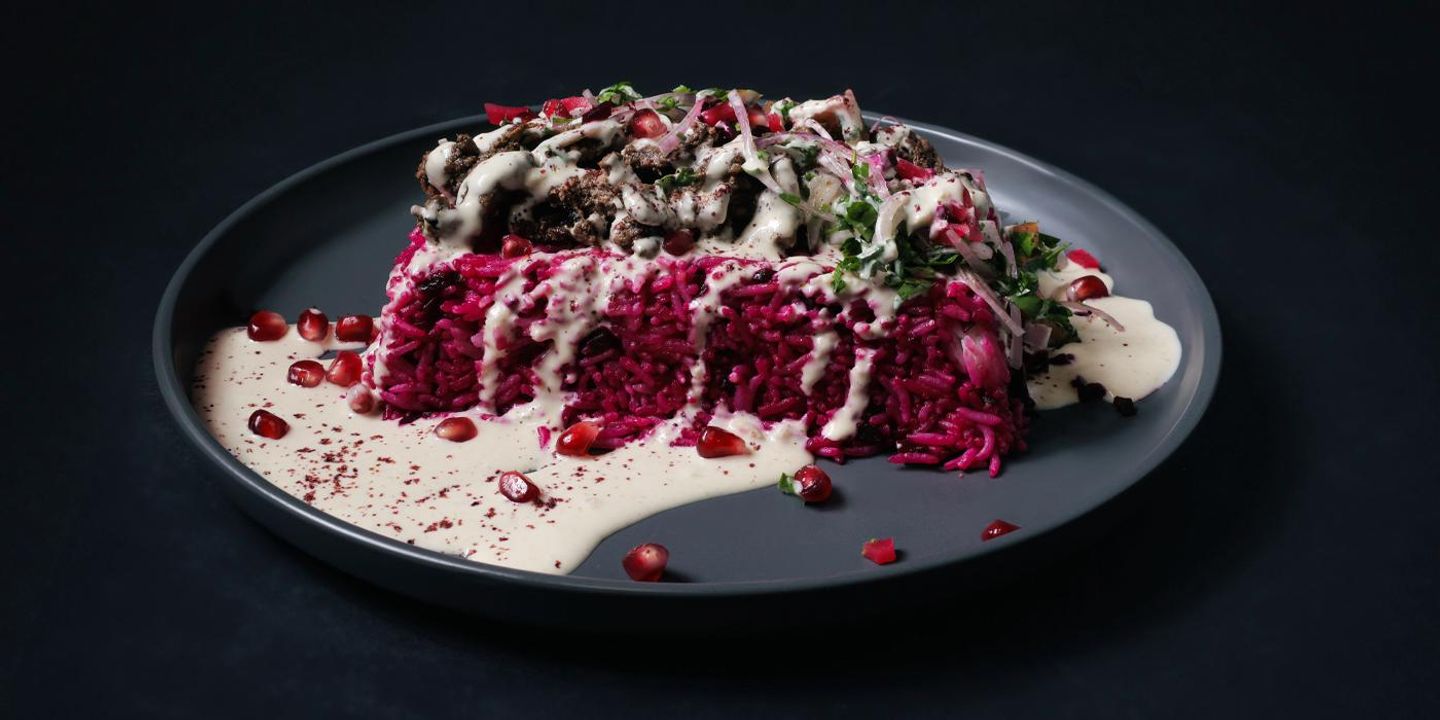 Beetroot Rice With Meat Shawarma