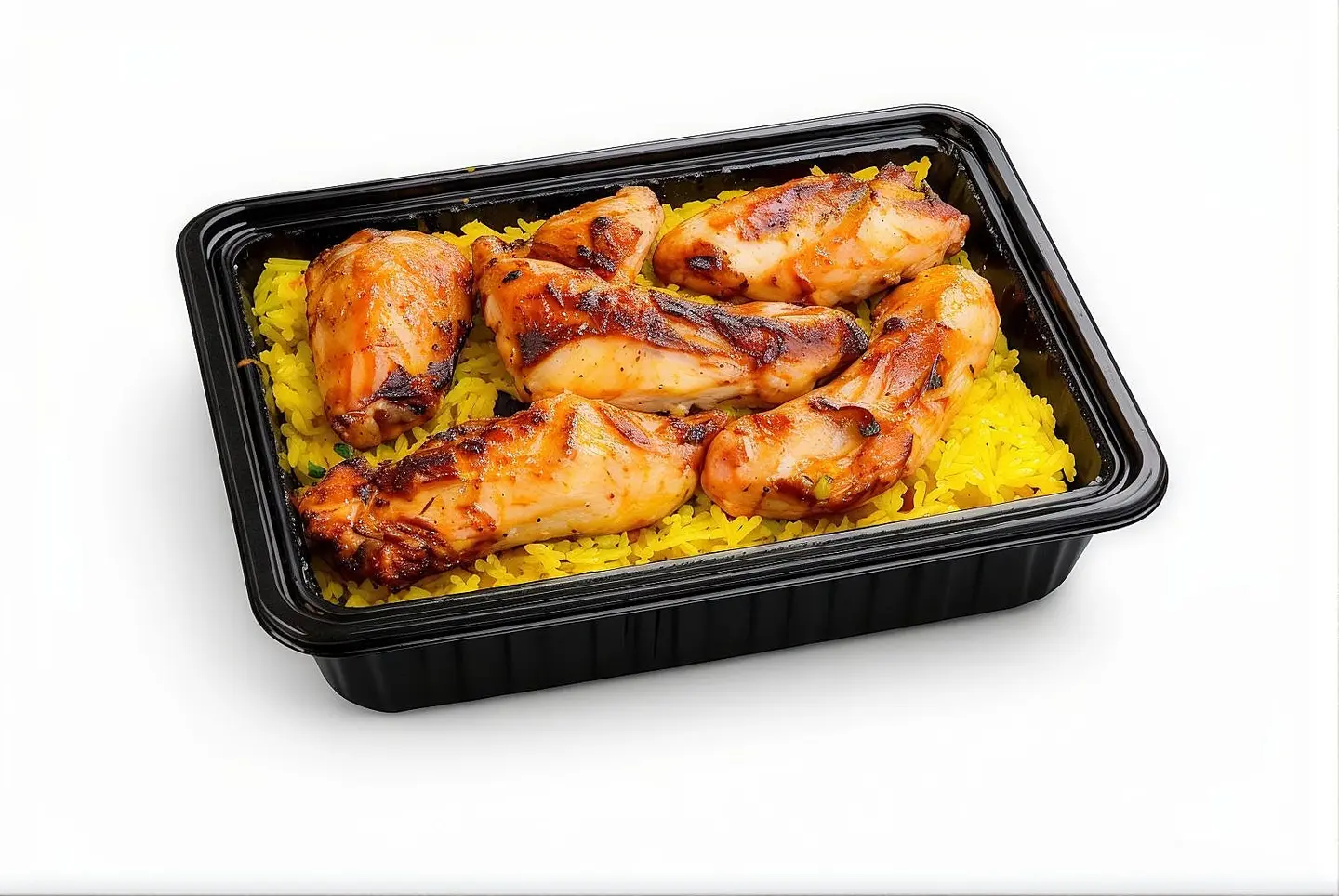 نصف دجاج مشوي على الفحم مع رز بسمتي