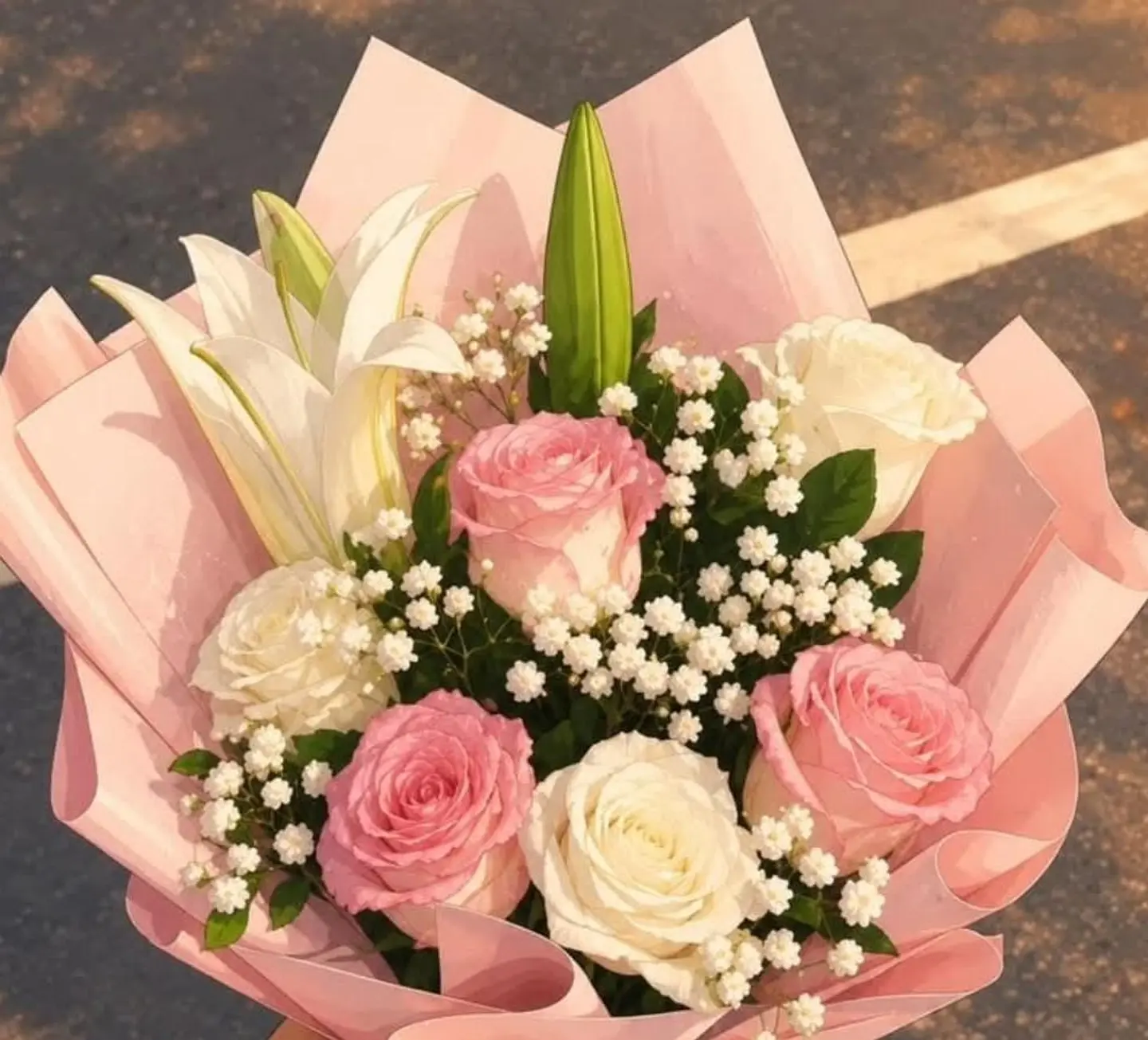 Pink And White Bouquet With Pink Wrapping