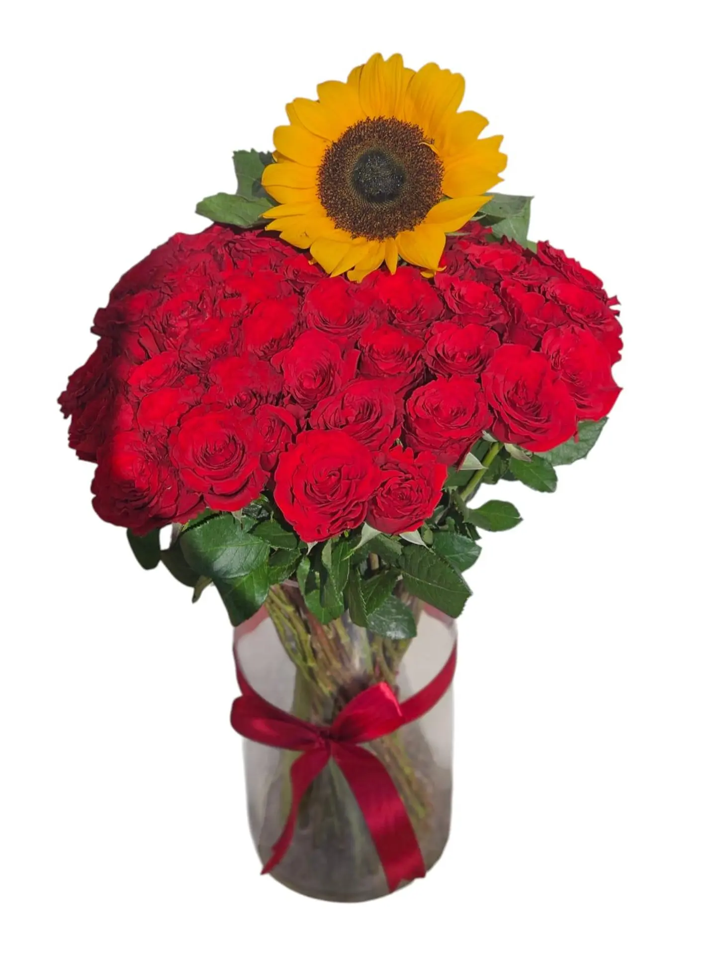 Red Rose Vase With Sunflowers