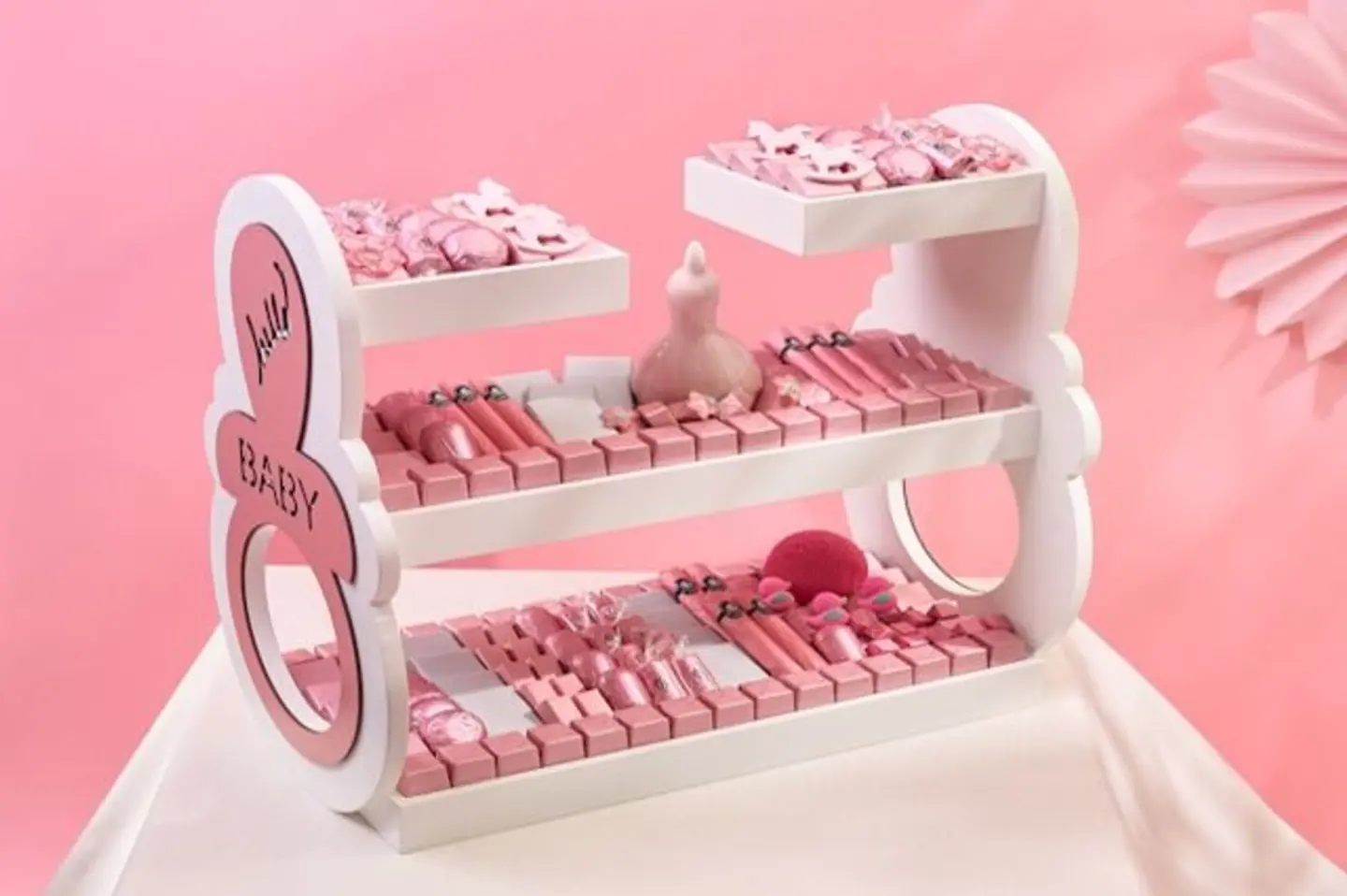 صينية خشب طبقتين وردي