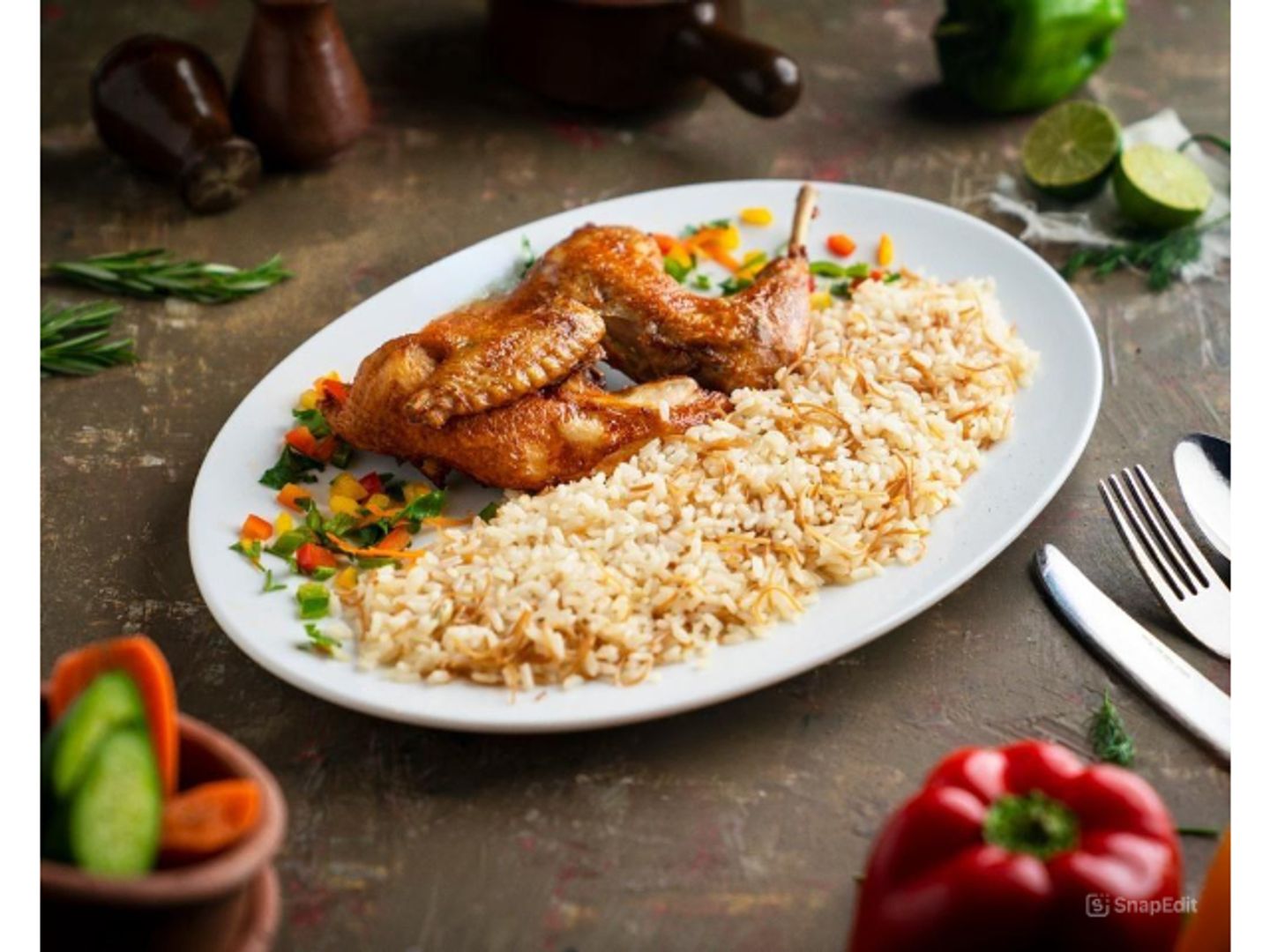 نص دجاج بلدي محمر مع ارز وخضار