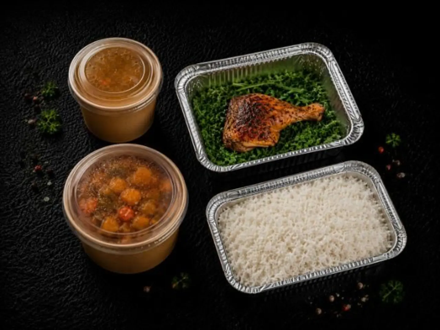 Quarter Chicken Ovenbaked Meal With Rice, Vegetables, And Soup