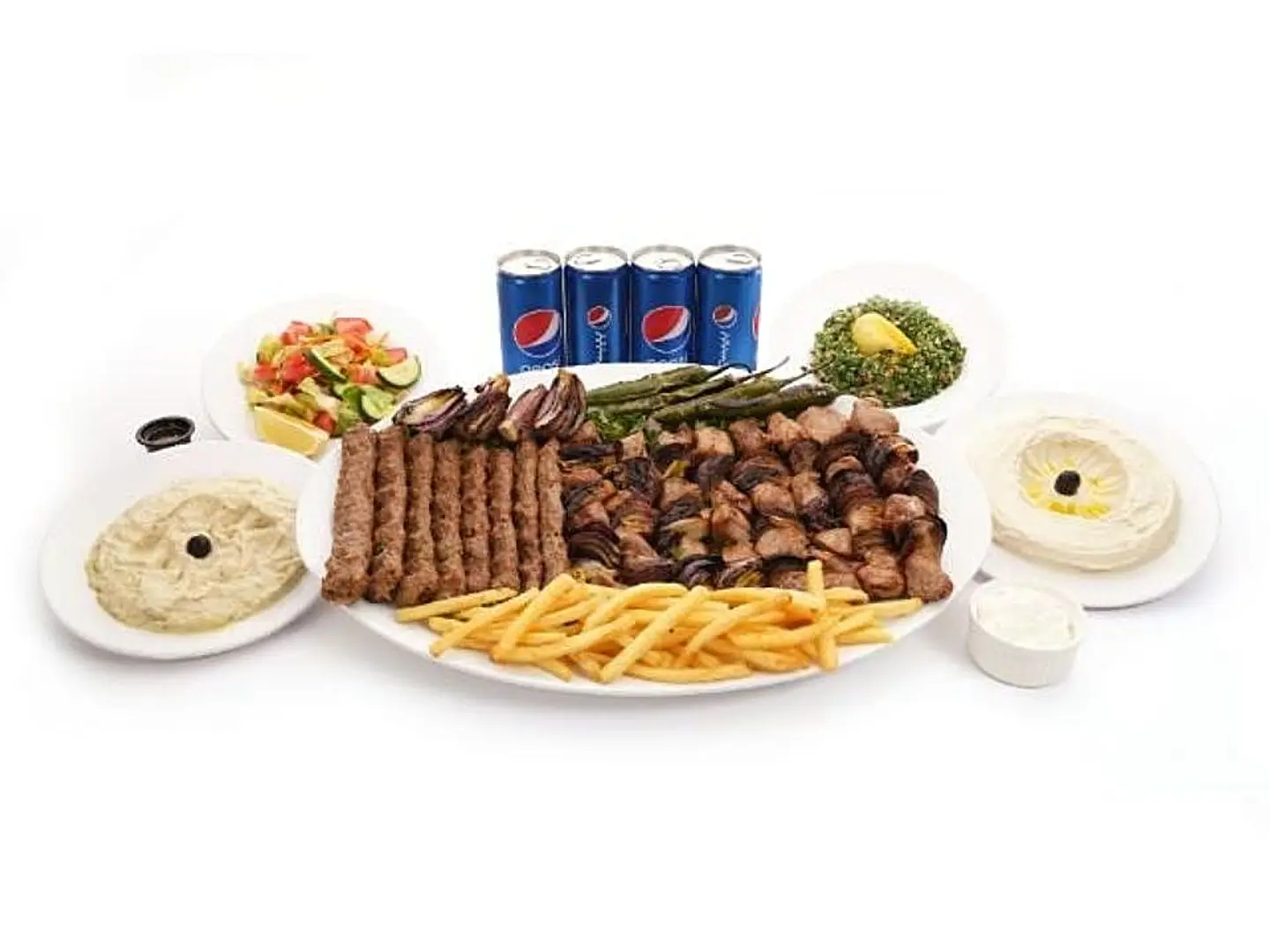 1 ك مشوي مشكل لحم ( 16 سيخ ) + حمص + سلة خضرة + تبولة + 4 بيبسي