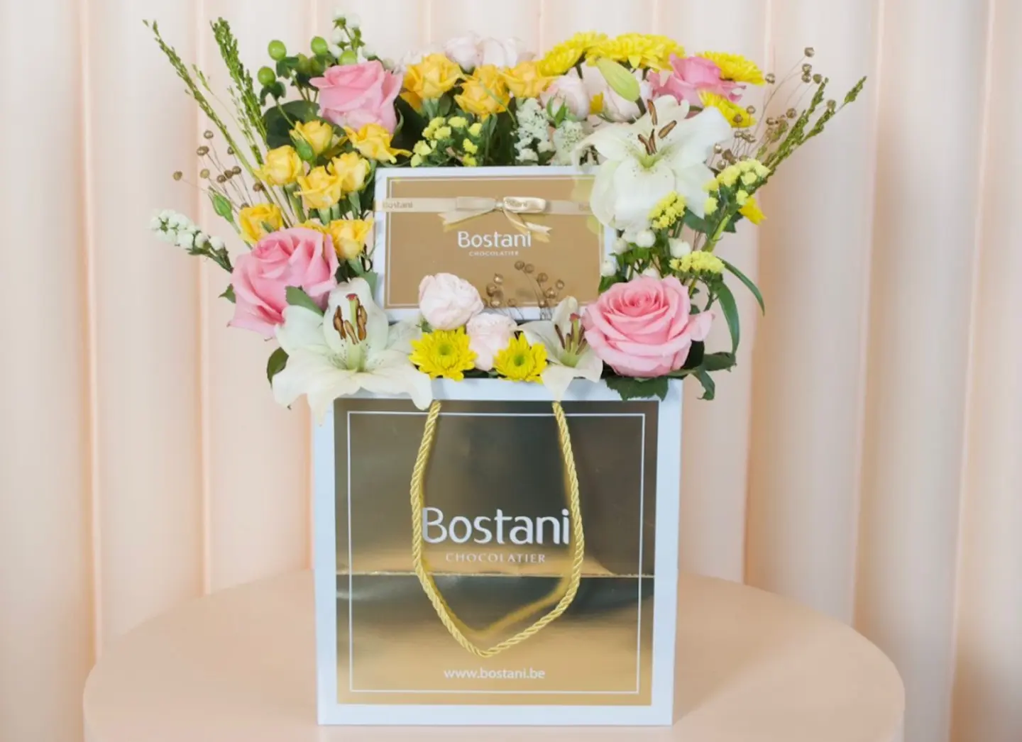 Chocolate Bostani With Pink And Yellow Design