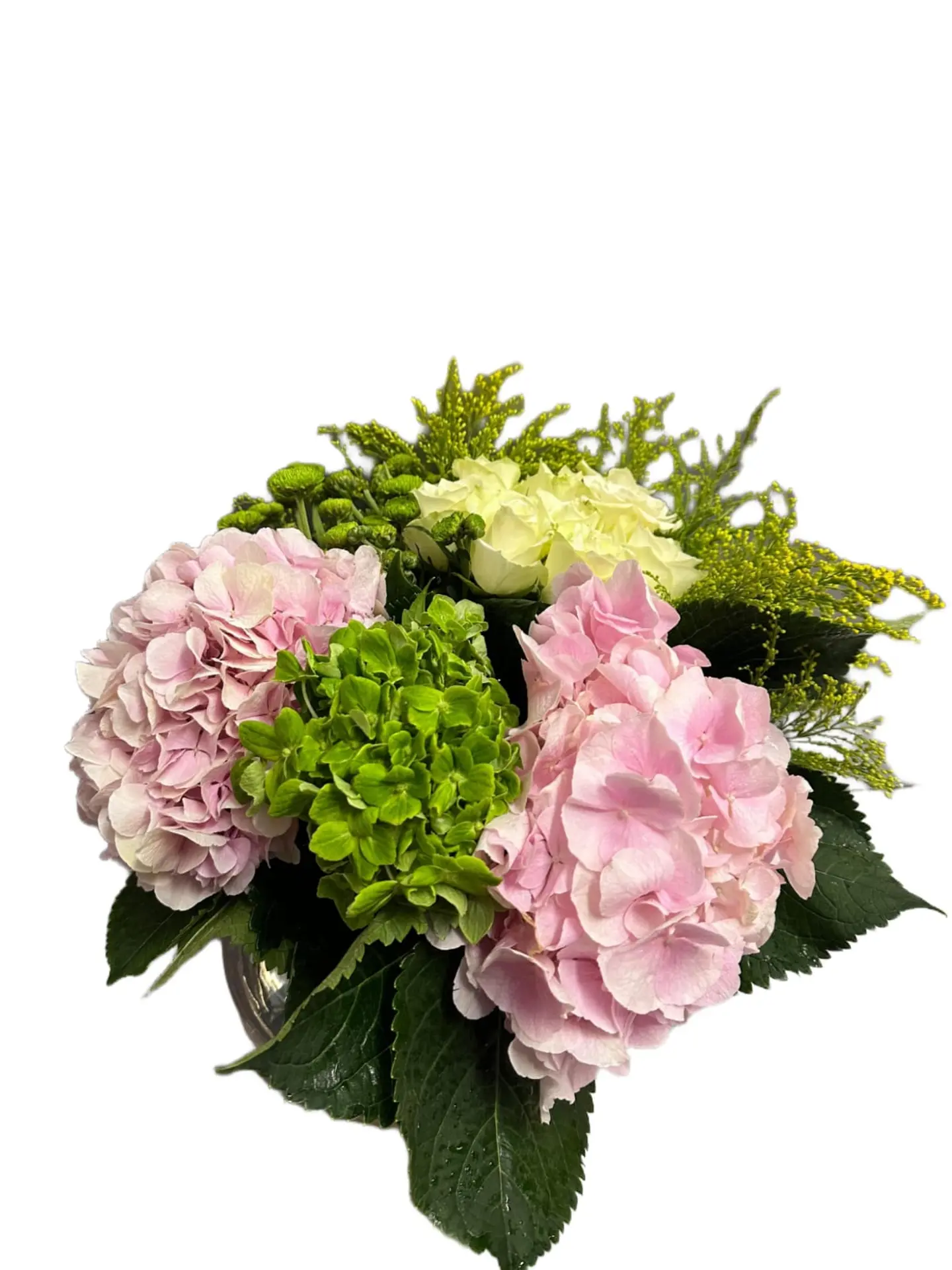Flower Vase With Hydrangea  2 Pink And 1 Green, With 12 White Roses, 3 Green Cherries And Chard