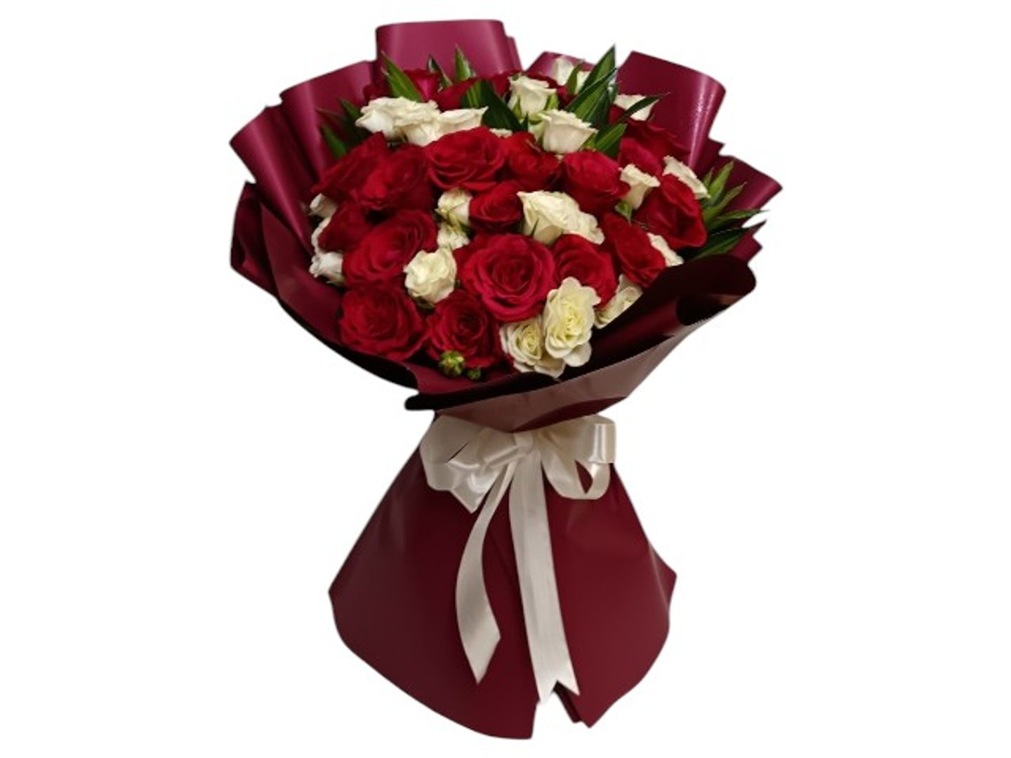 2025 Hand Bouquet With 50 Red And Wite Mixed Roses