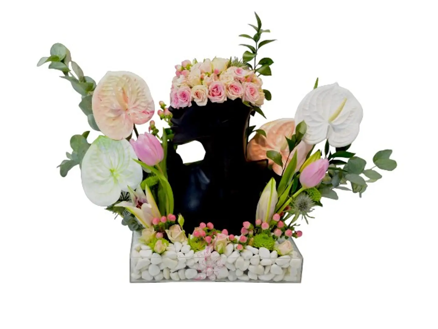 1007 Acrylic Base 40cm, 4 Baby Roses ,2 Tulips ,1 Lillium ,4 Anthurium And Hypercom