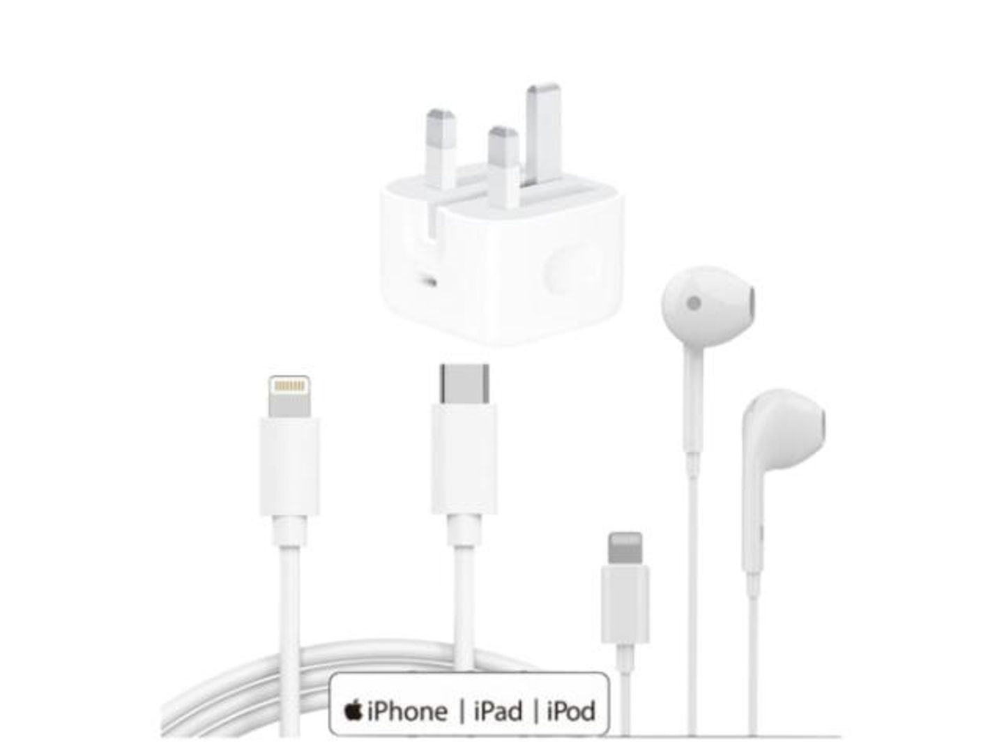 Apple Bundle: Wall Charger, Earphones, And I Phone Charger Head