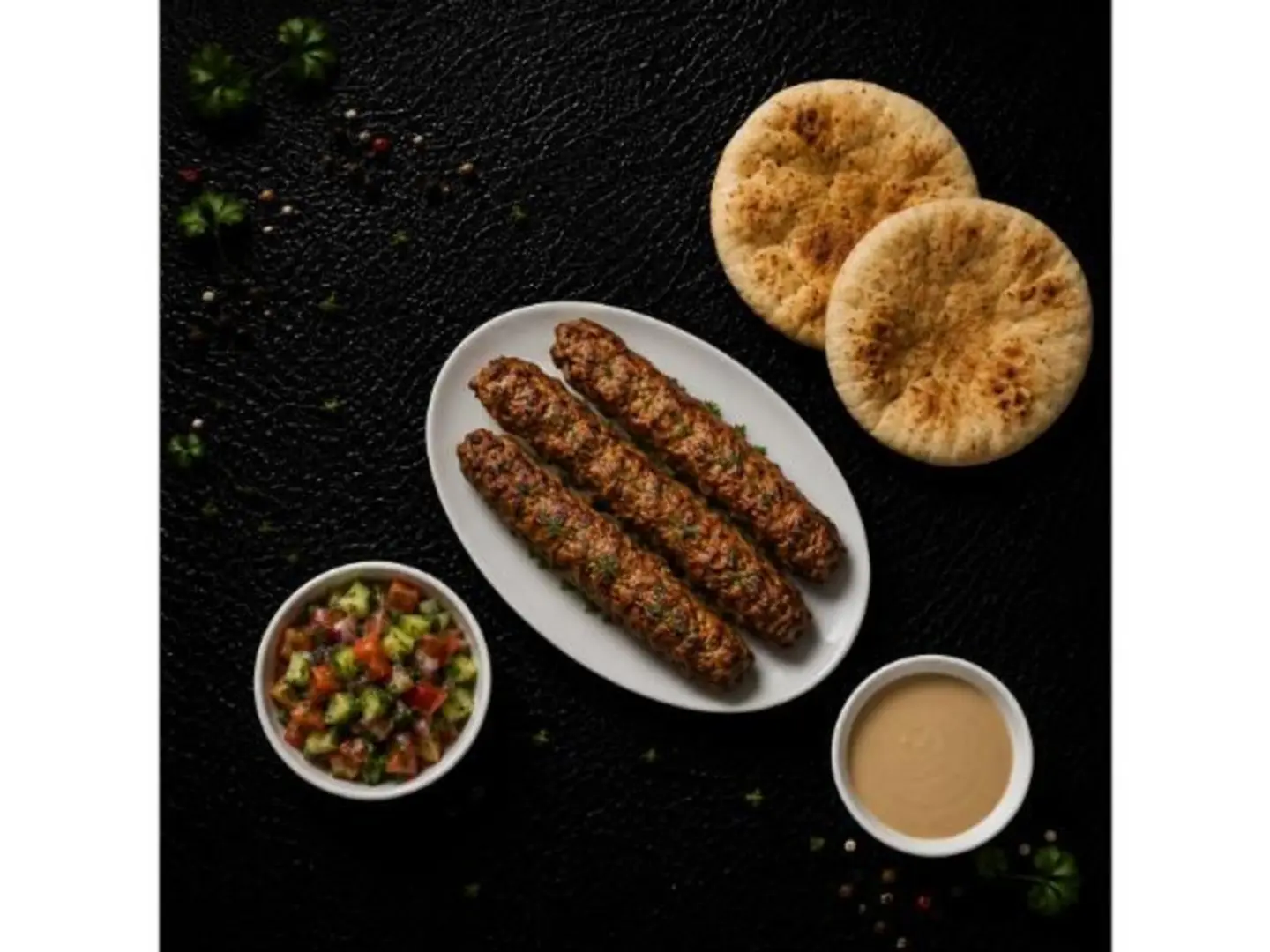 Quarter Kilo Of Kofta, Bread, Tahini, And Salad