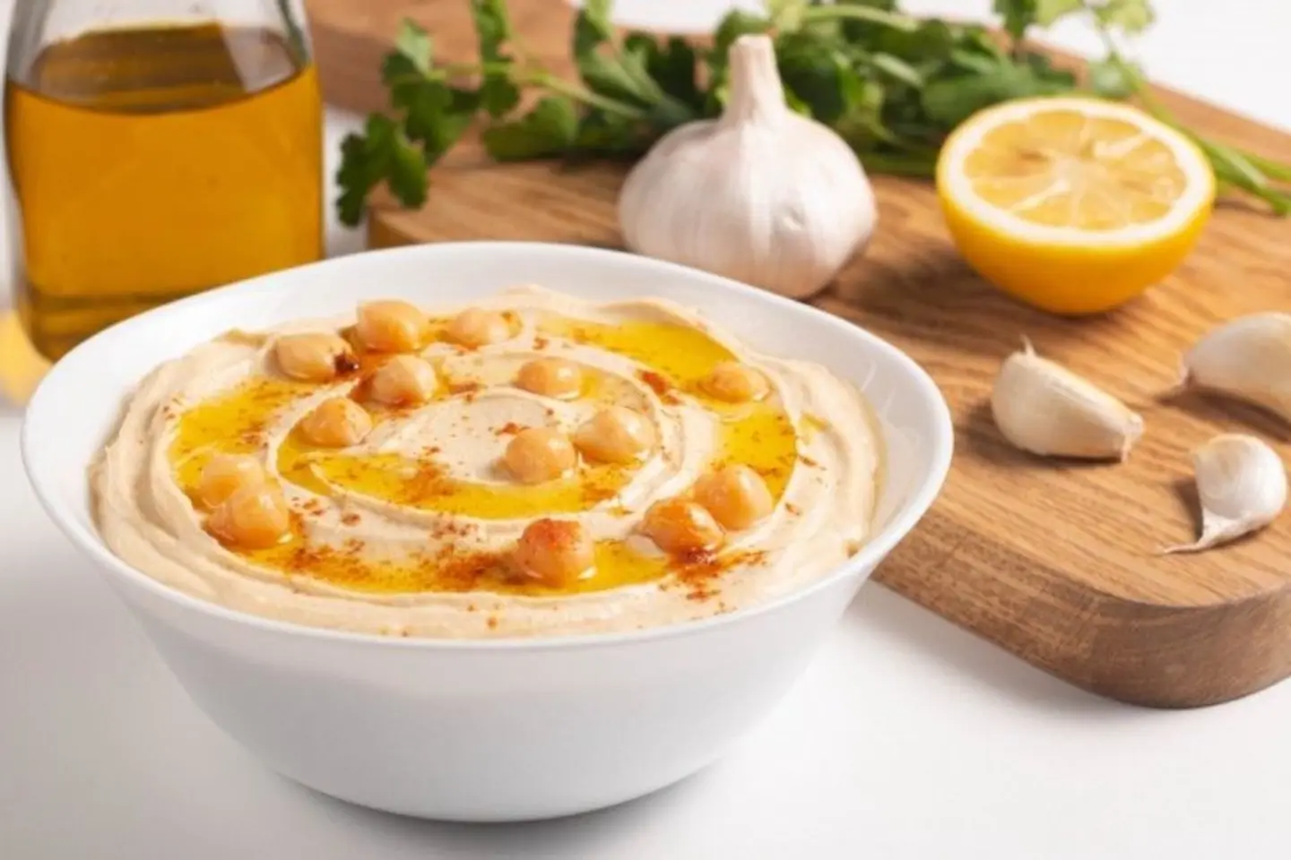 حمص بالطحينة وزيت الزيتون