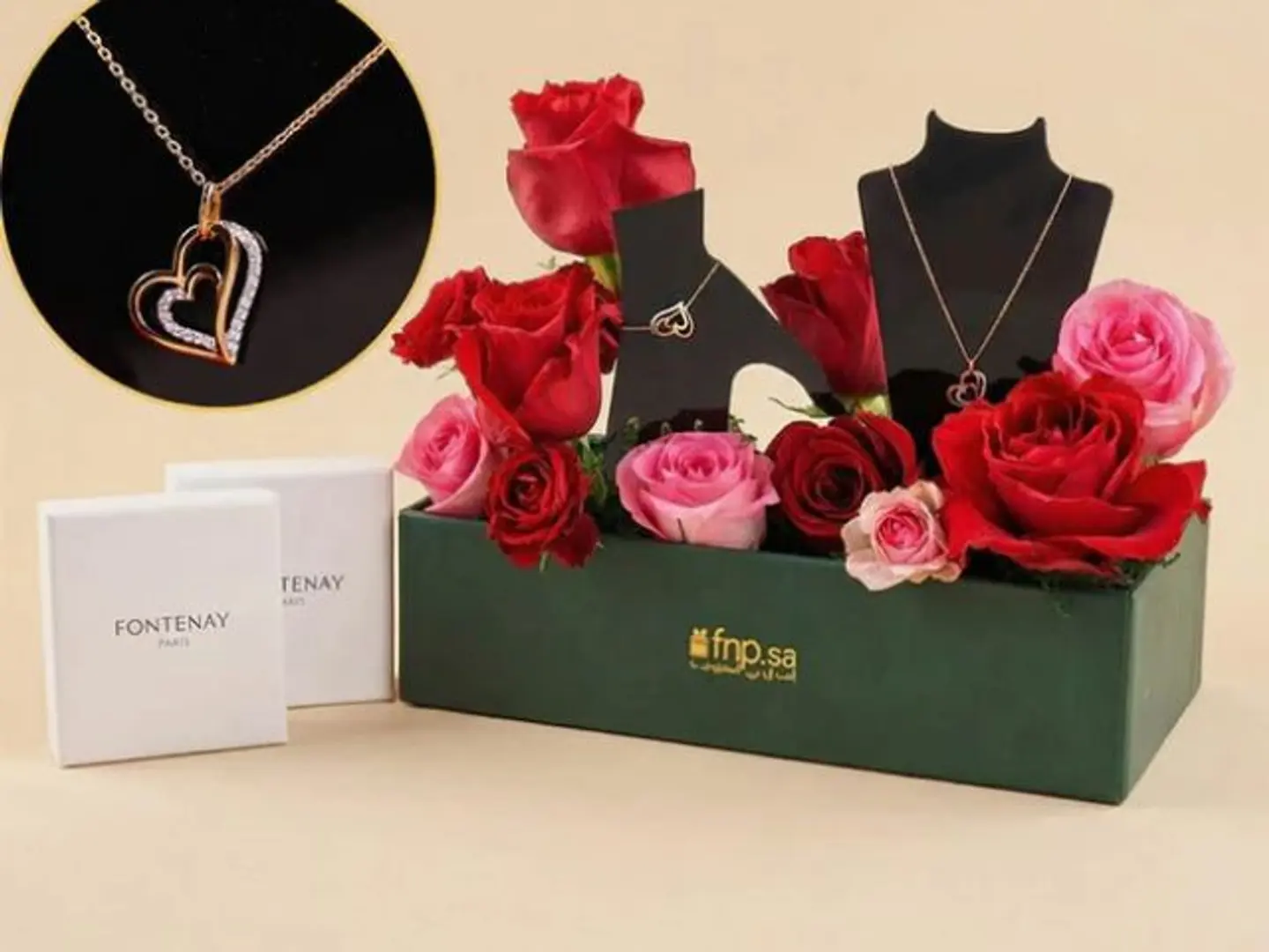 Fontenay Double Heart Necklace And Bracelet Set With A Rose Box