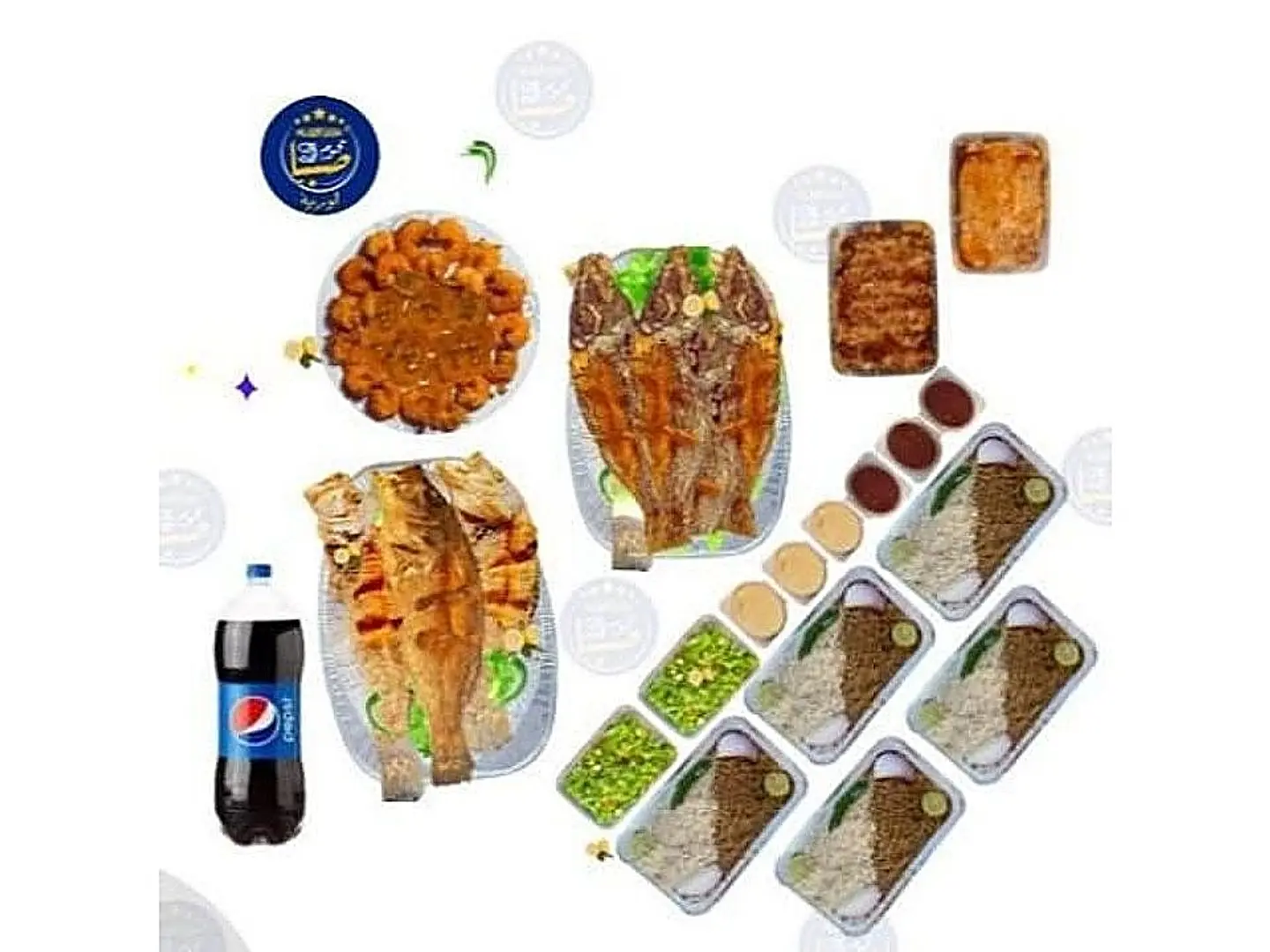 كيلو ونص هامور مقلي + كيلو ونص شعور مقلي + كيلو جمبري مقلي + خمسة رز مشكل + واحد مرسى كبير+واحد زبيدي عسل +اثنان سلطة خضار كبير +ثلاثه حمر+ ثلاثه طحينه +بيبسي عائلي