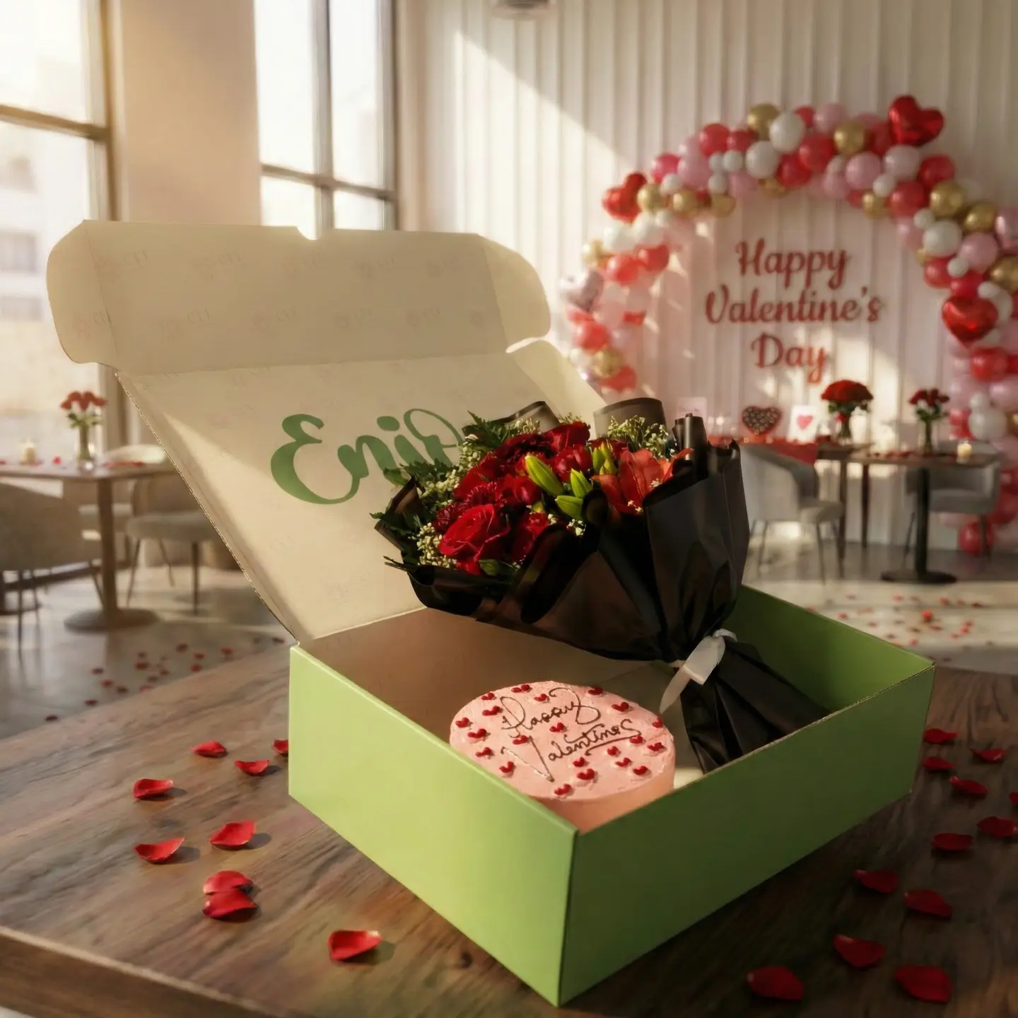 بوكس الفالنتاين 7 كيك كبير و ورد