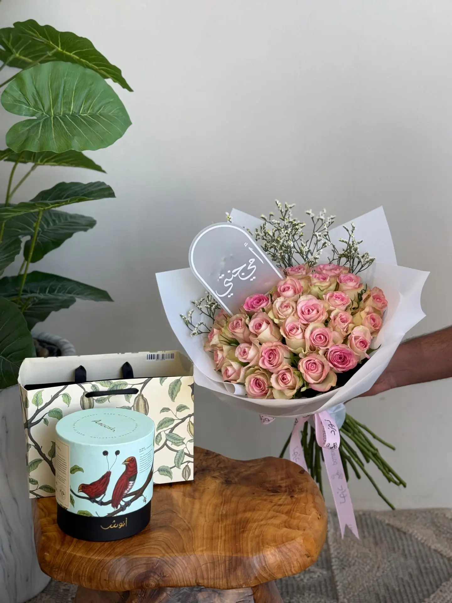Bouquet Of Roses With Chocolate And A Planter