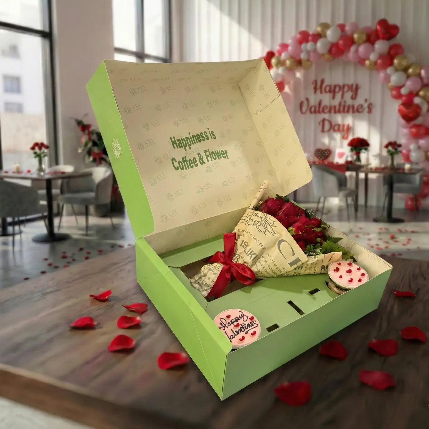 Valentine's Box ( 2 Cupcake & Flowers ) Large