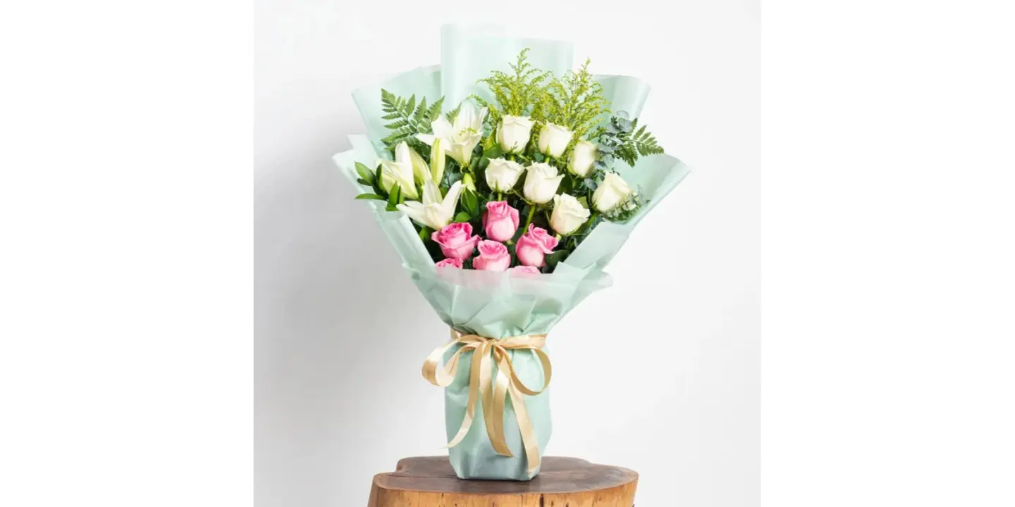 White, Pink Gauri Rose And Lilium Bouquet