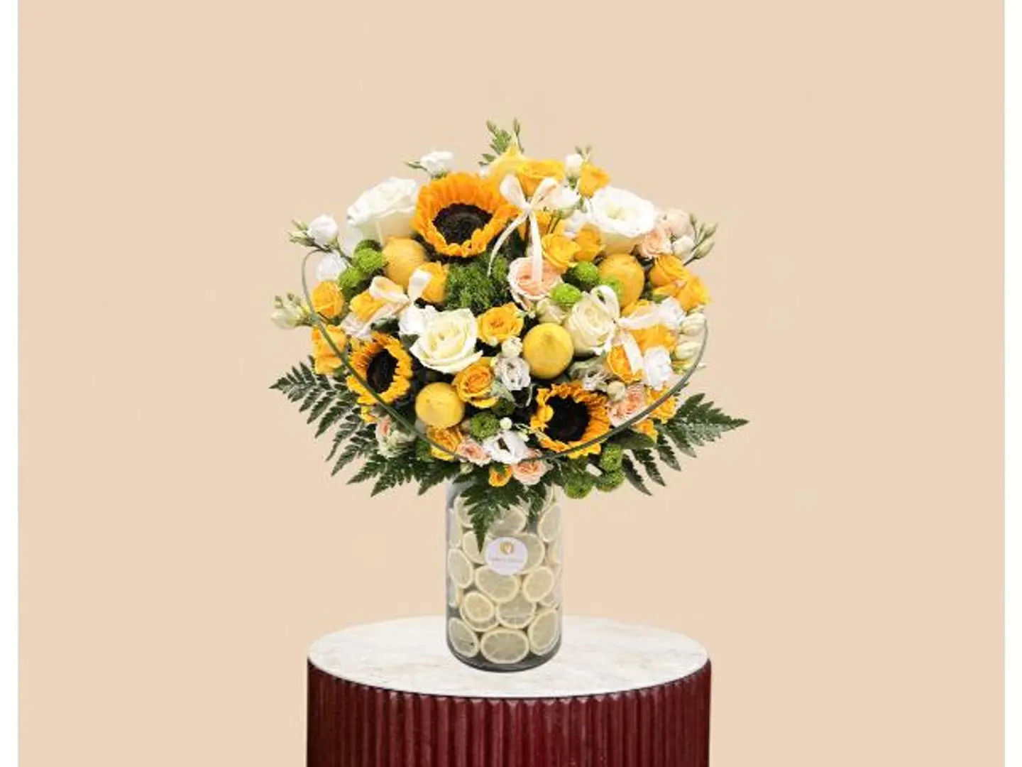 Golden Sunflower Vase With Lemon, Colorful Baby Roses & Eustoma
