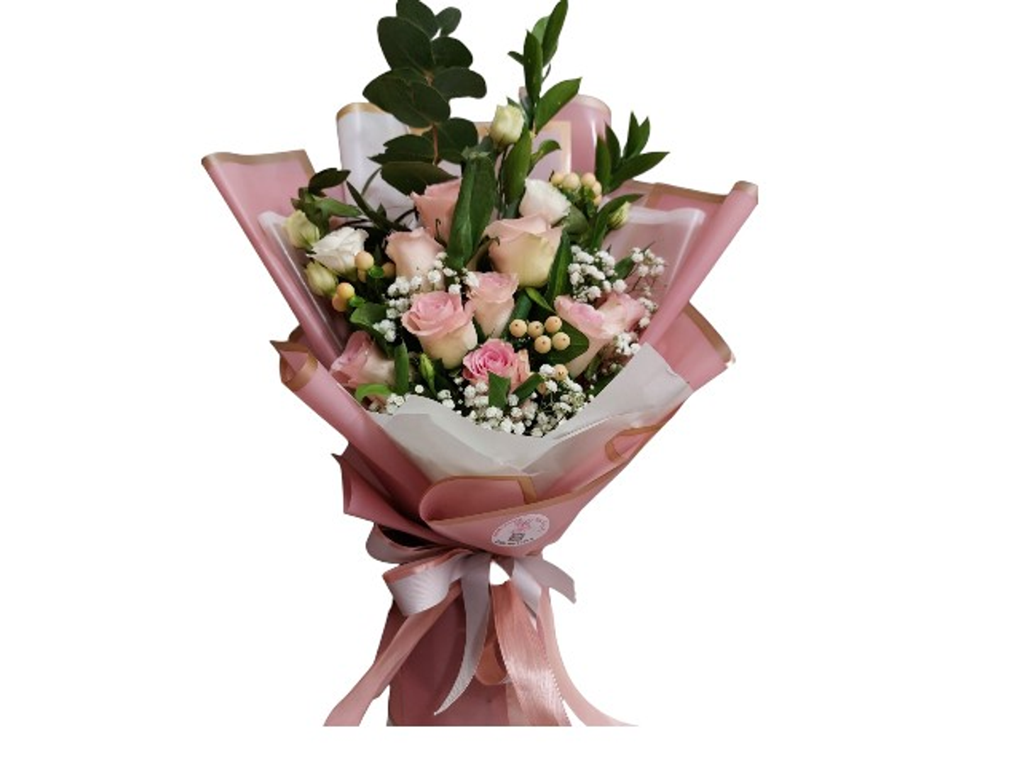 1019 Hand Bouquet Of  9 Pink Roses,2 White Baby Roses, Hypercum , Gypsophilia With White And Pink Wraping