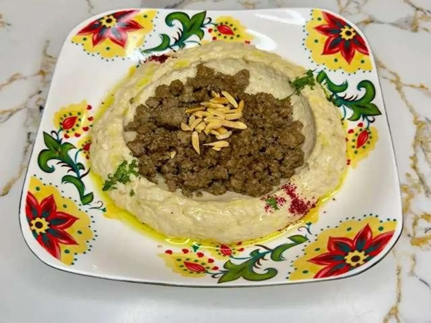 Roasted Eggplant Dip Topped With Seasoned Minced Meat