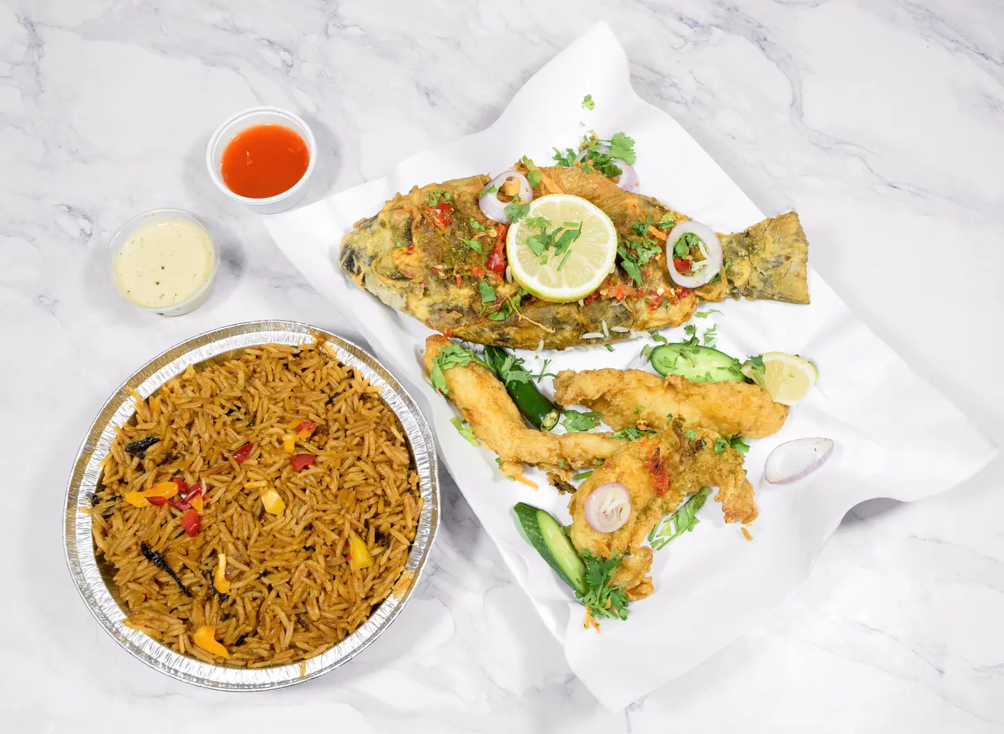 Tilapia Meal With Fillet With Rice With Tahini And Spicy Salad
