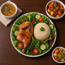 وجبة نصف دجاج + رز مصري + إيدام من اختيارك + شوربة + طرشي