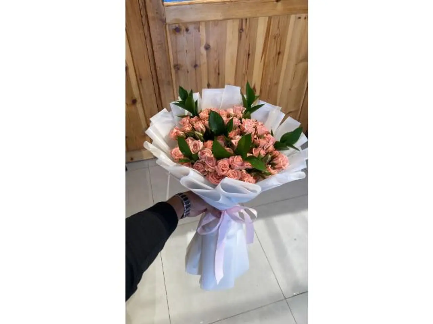 Pink Baby Rose Bouquet With White Wrapping