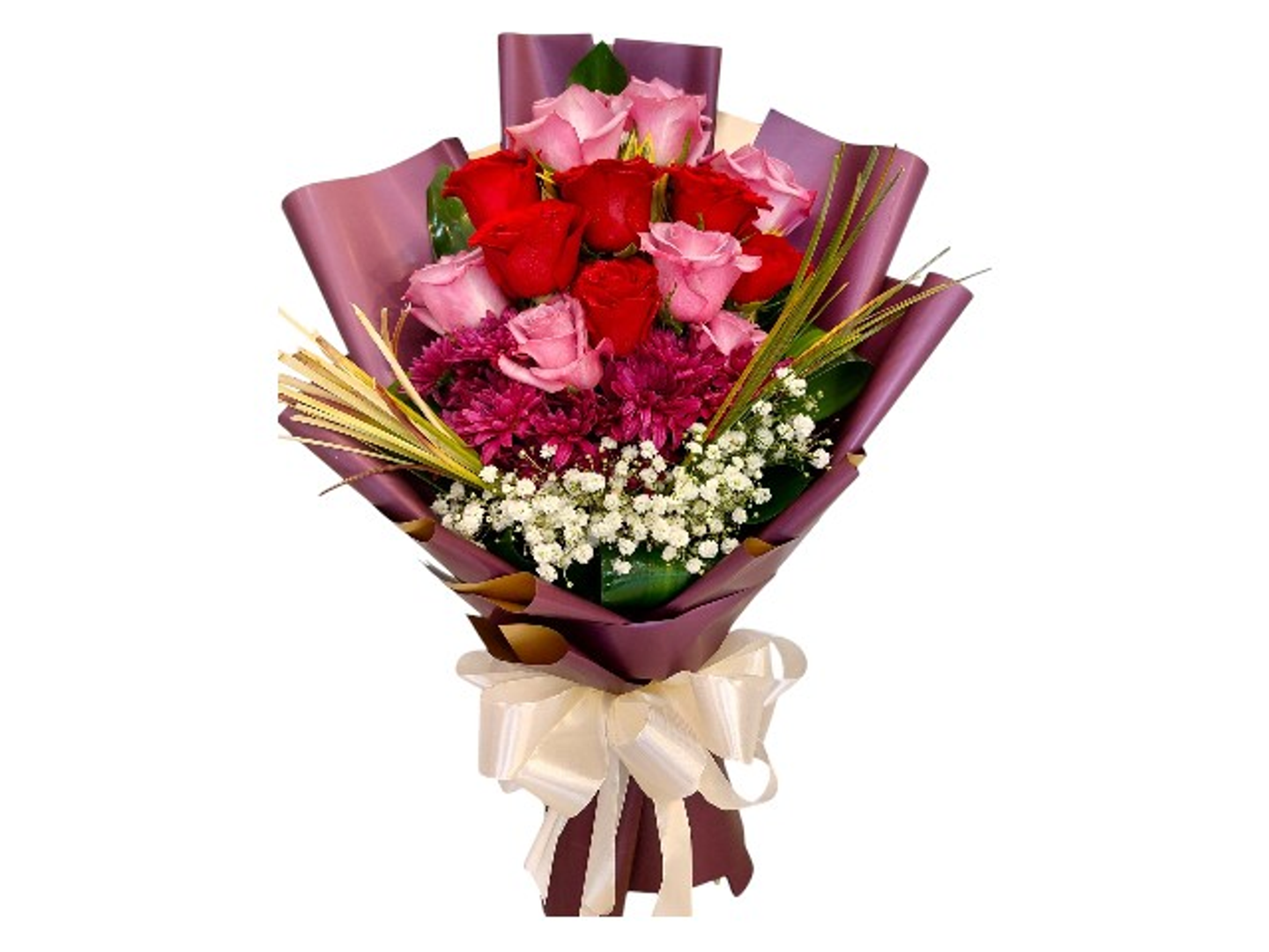 2020 Hand Bouquet With 13 Mixed Roses Of Pink And Red With Accessories