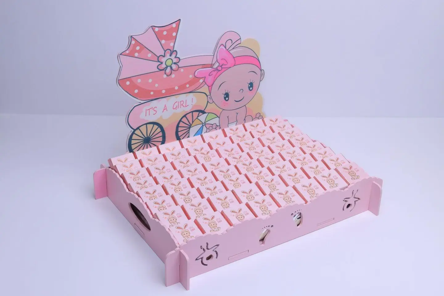 صينية خشب مواليد وردي