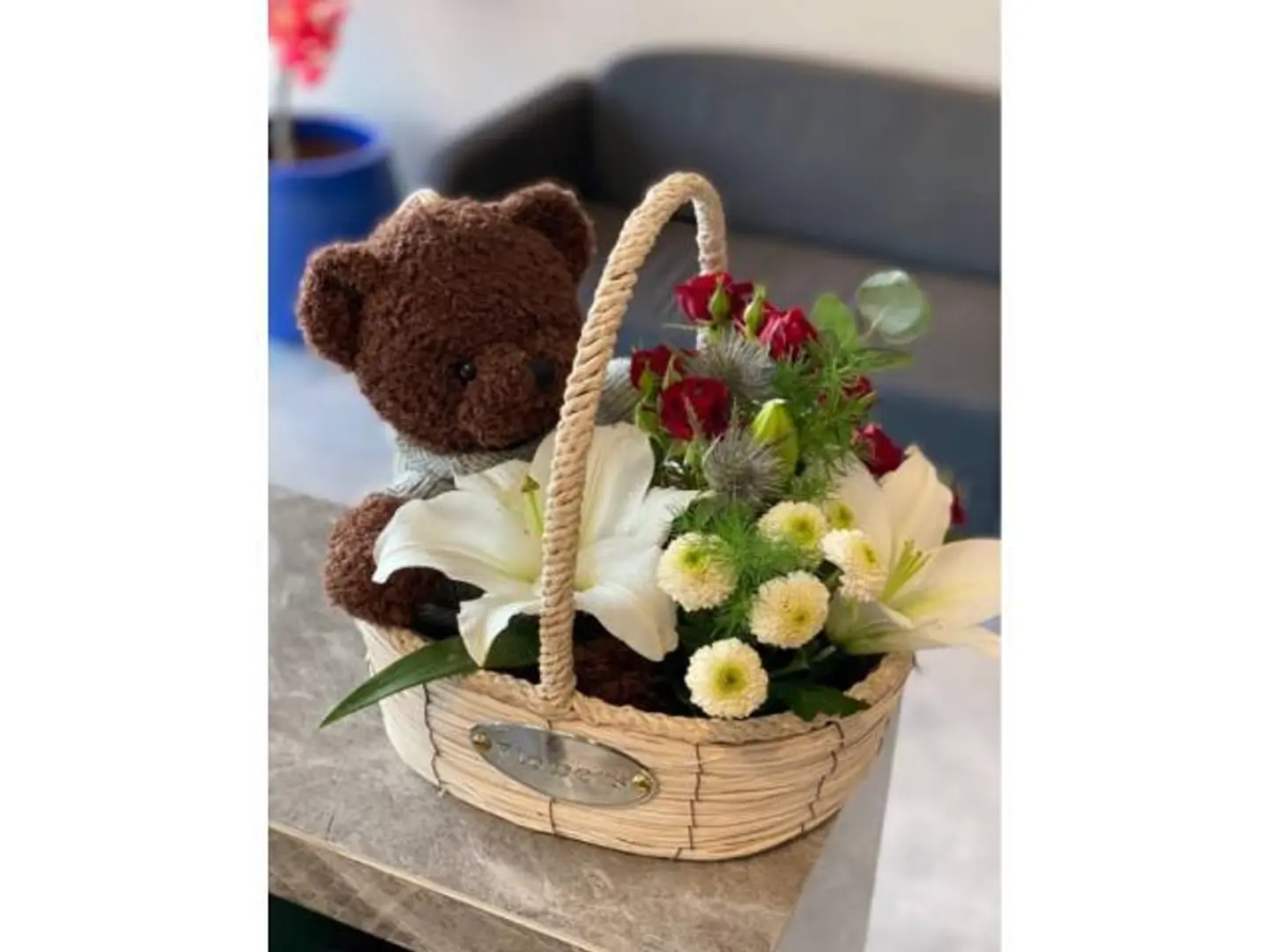 Teddy And Flowers Basket