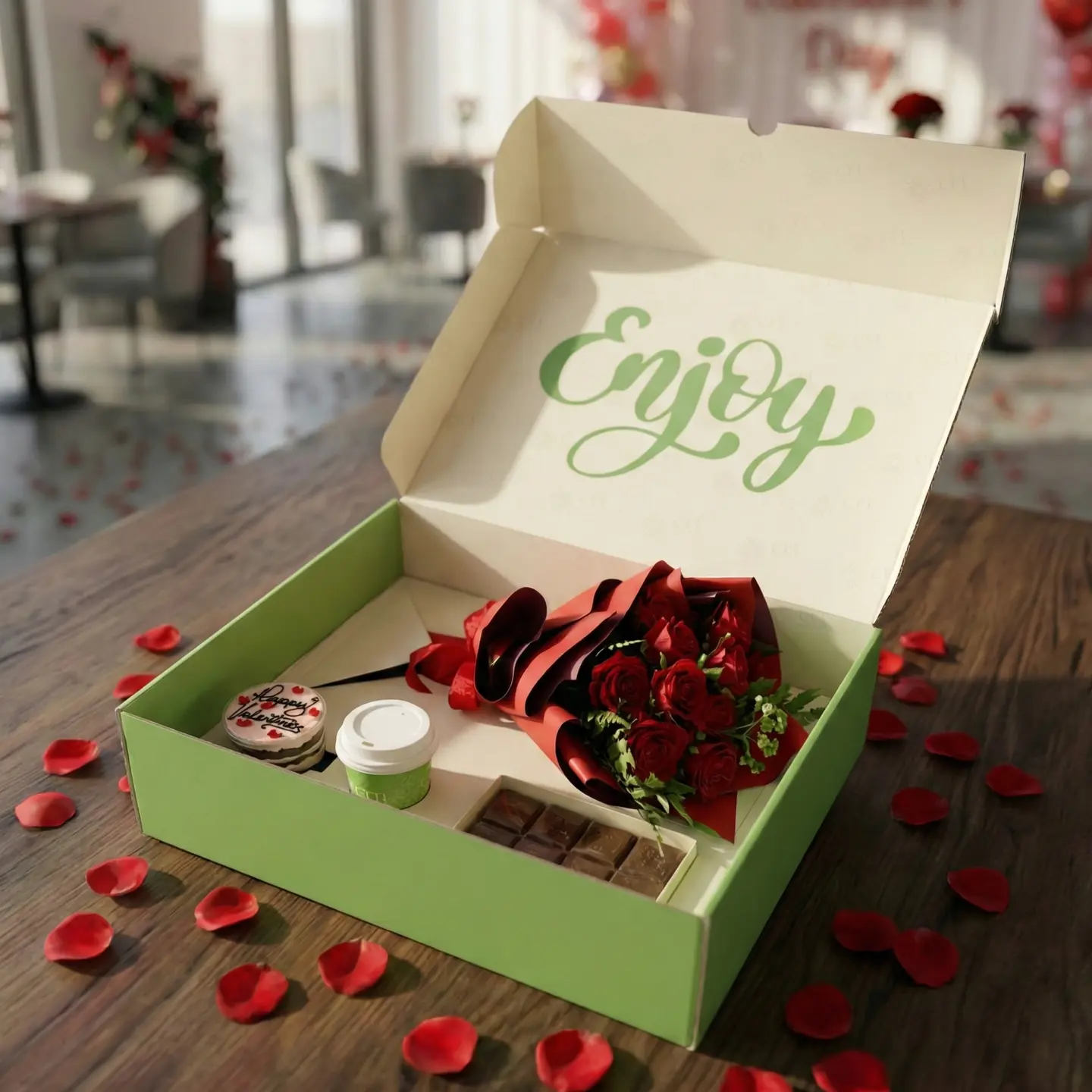 بوكس الفالنتاين "في أي بي" (شوكولاته و قهوة و كاب كيك و ورد)