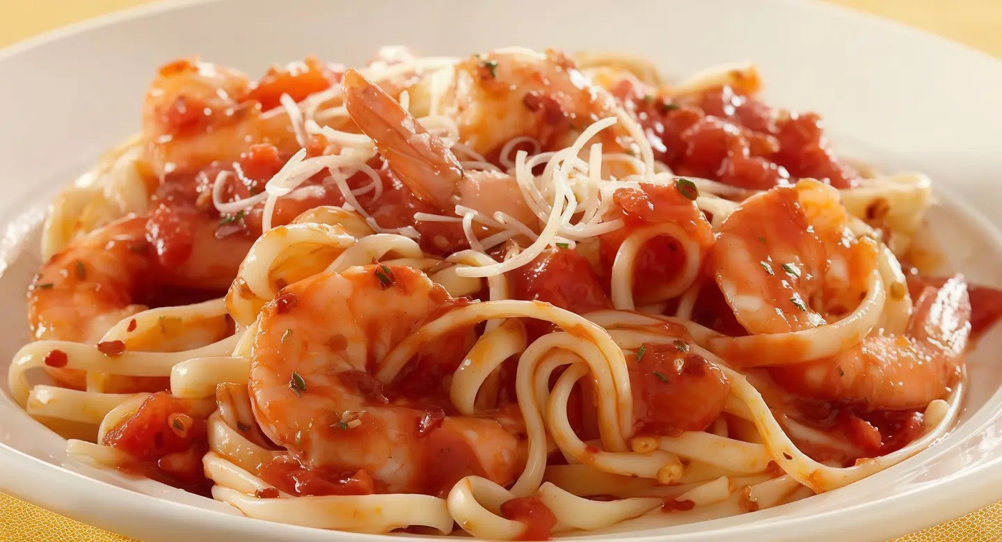 Tray Of Red Pasta With Shrimp