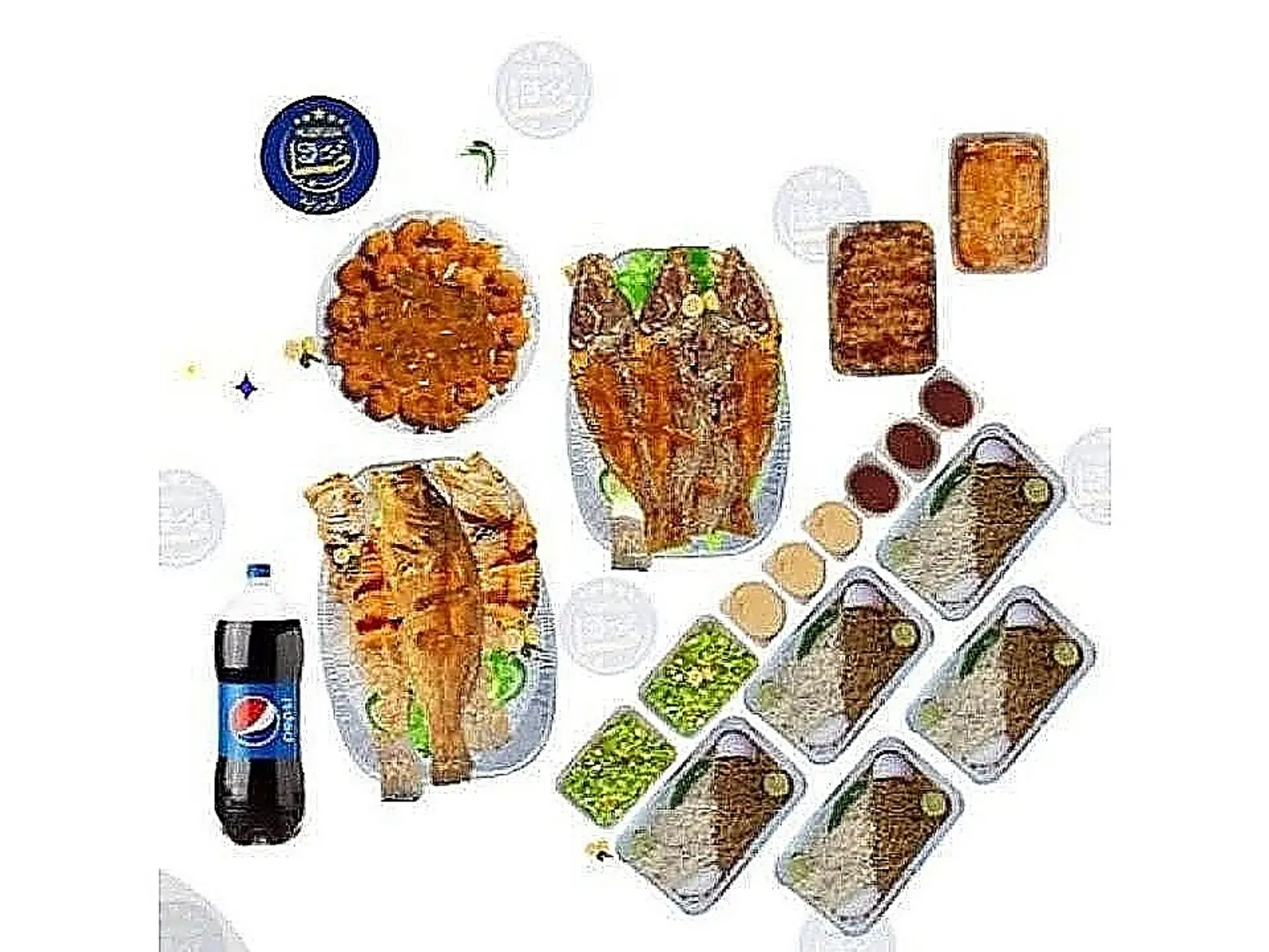 كيلو ونص هامور مقلي + كيلو ونص شعور مقلي + كيلو جمبري مقلي + خمسة رز مشكل + واحد مرسى كبير+واحد زبيدي عسل +اثنان سلطة خضار كبير +ثلاثه حمر+ ثلاثه طحينه +بيبسي عائلي