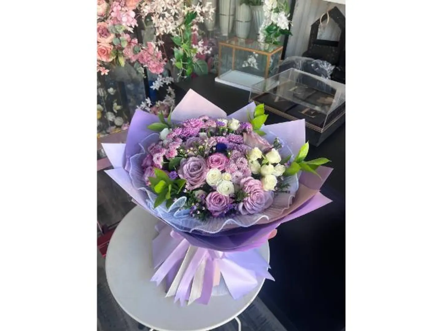 Purple Rose Bouquet With White