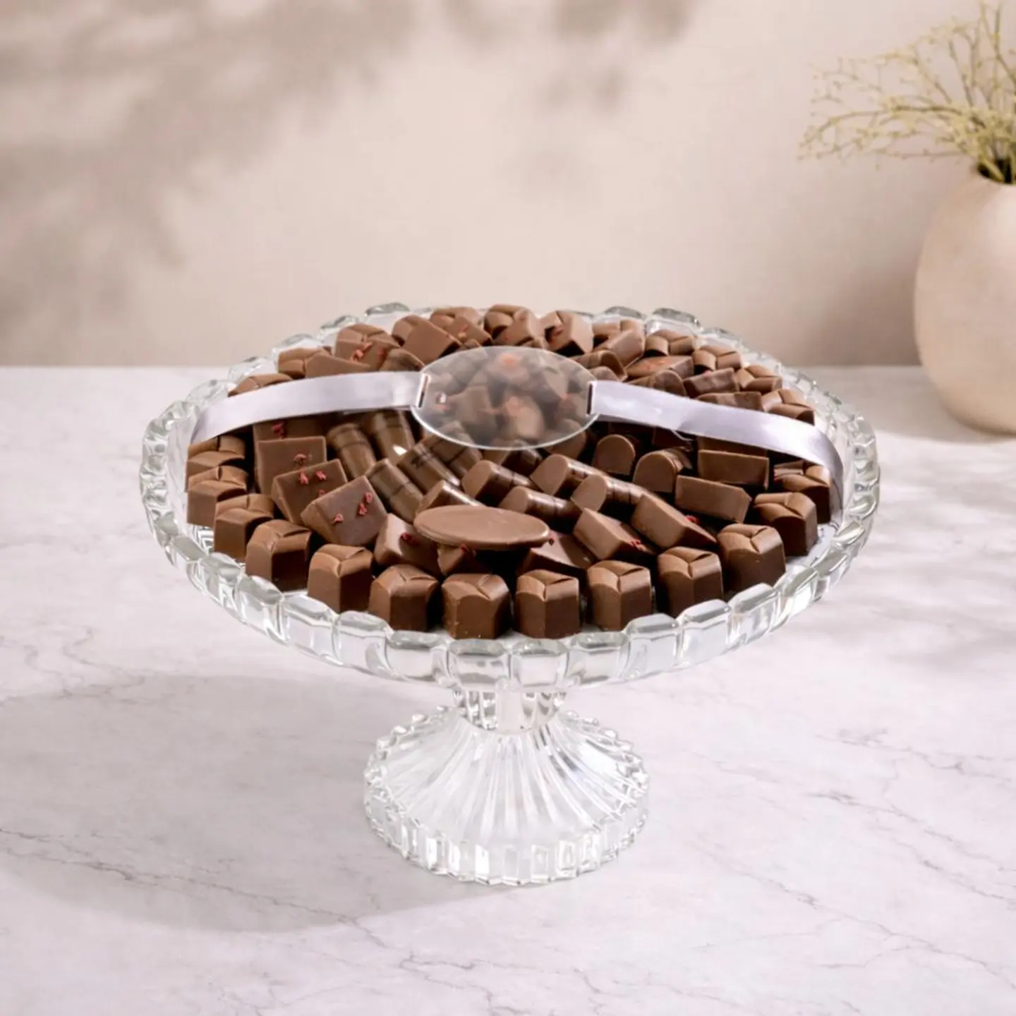 Large Round Crystal Belgian Chocolate Vase – Assorted Fillings