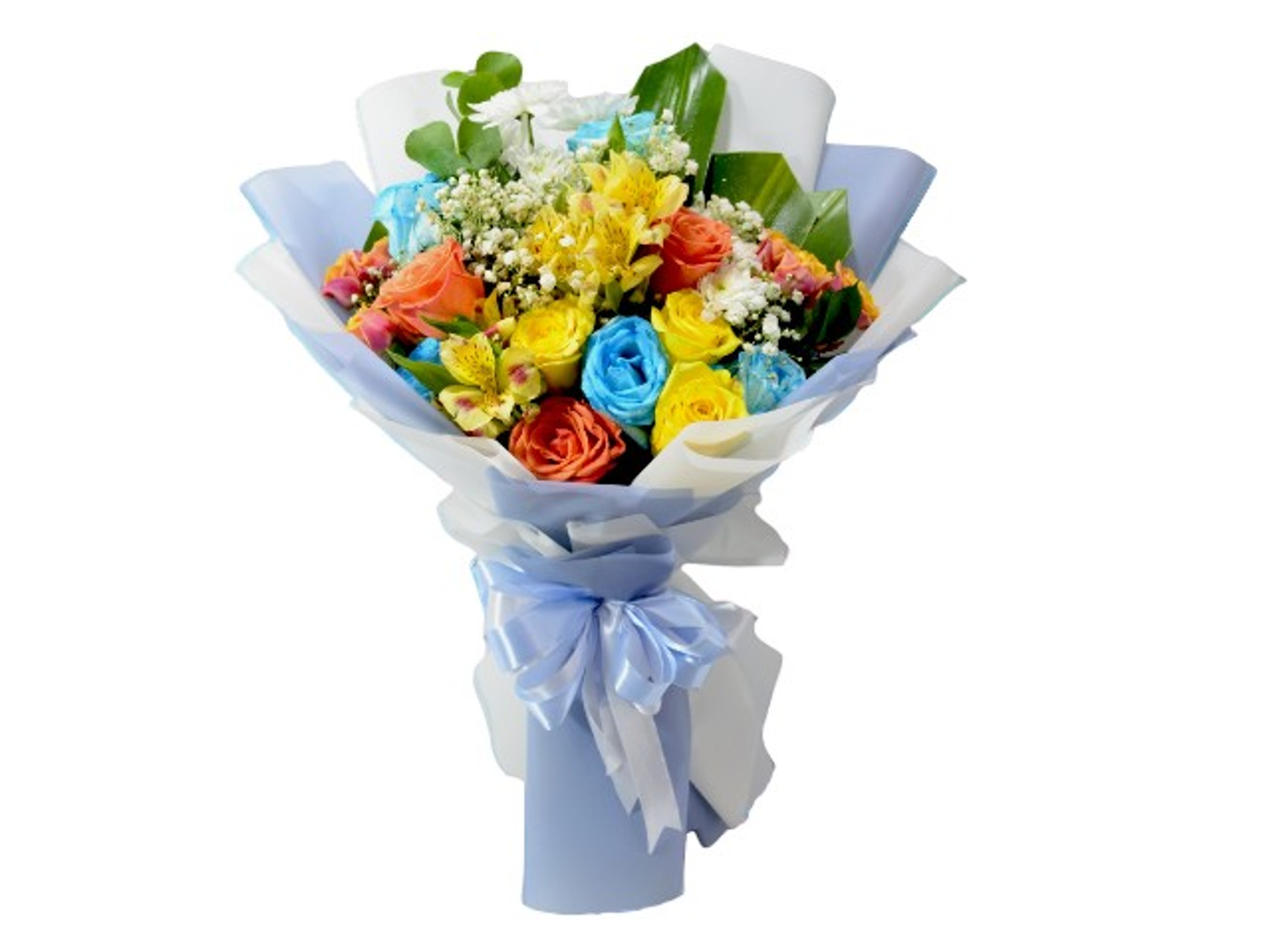 1008 Hand Bouquet Of 10 Mixed Roses ,2 Astramaria, 2 Baby Roses And 1 White Cherry