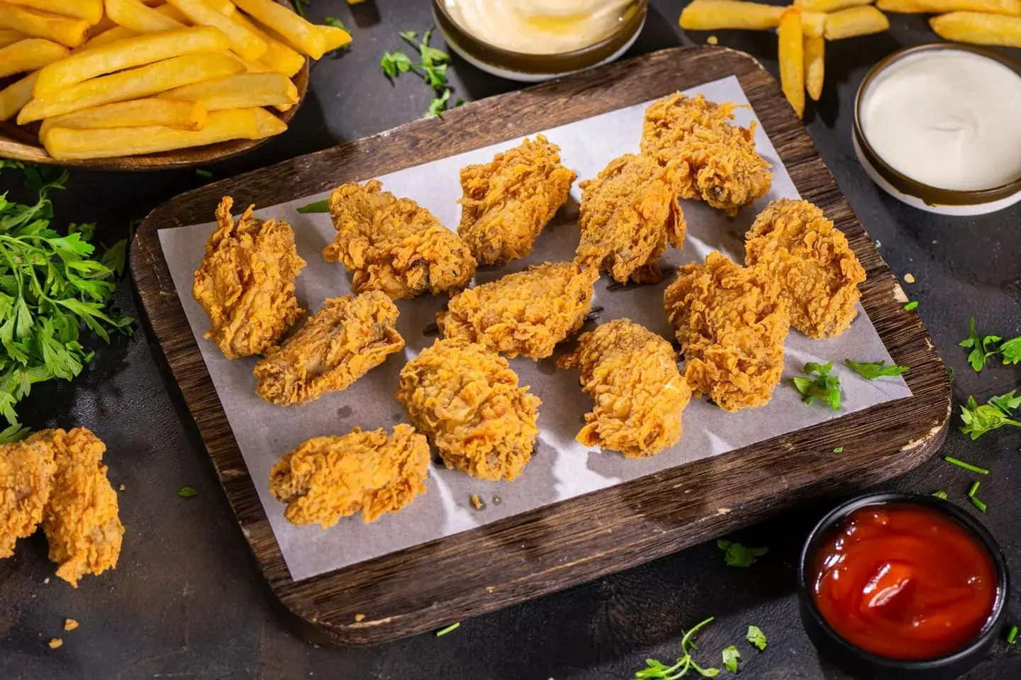 ستة أجنحة دجاج بروستد مع بطاطا مقلية وخبز أو خبز