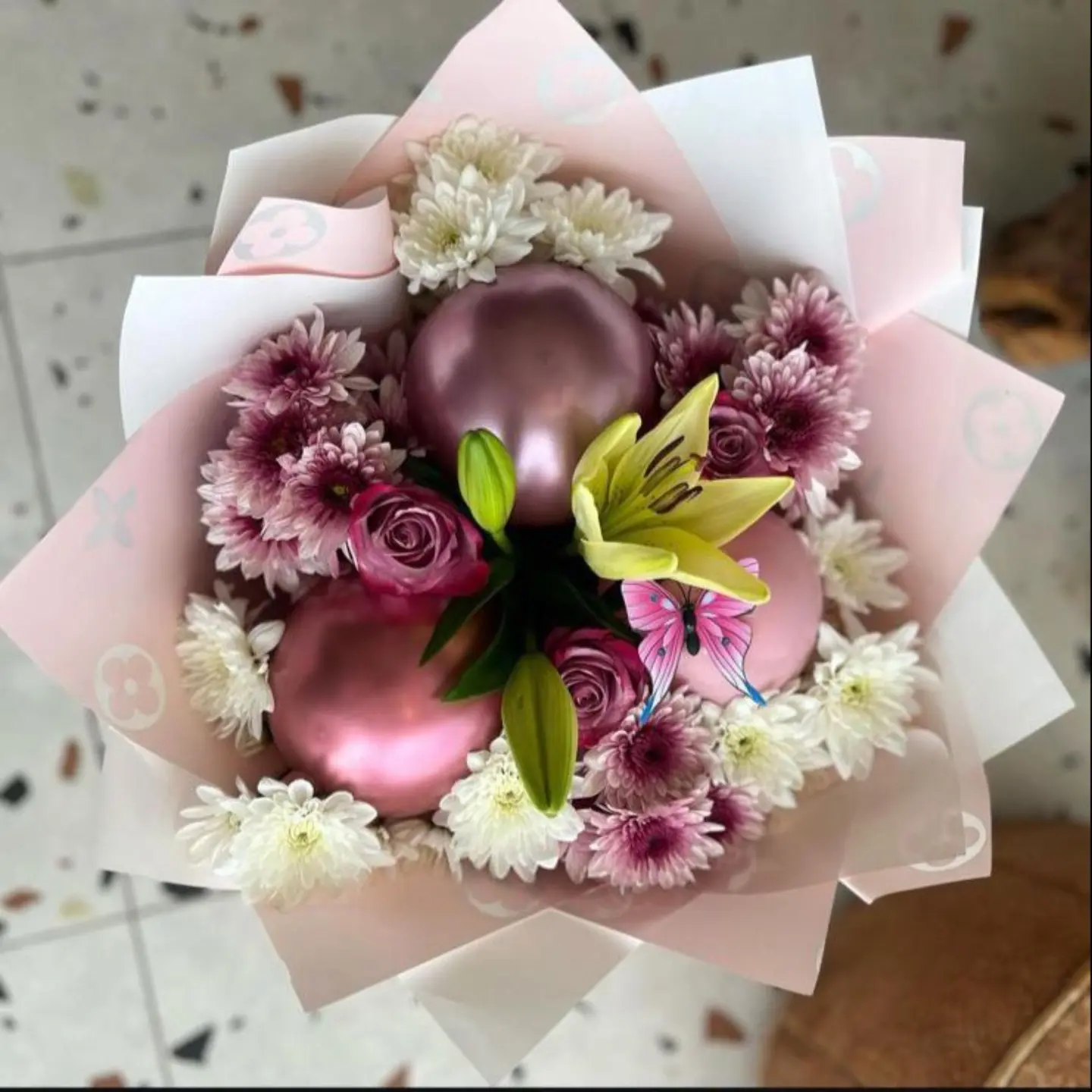 Pink Bouquet Mixed With Natural Flowers
