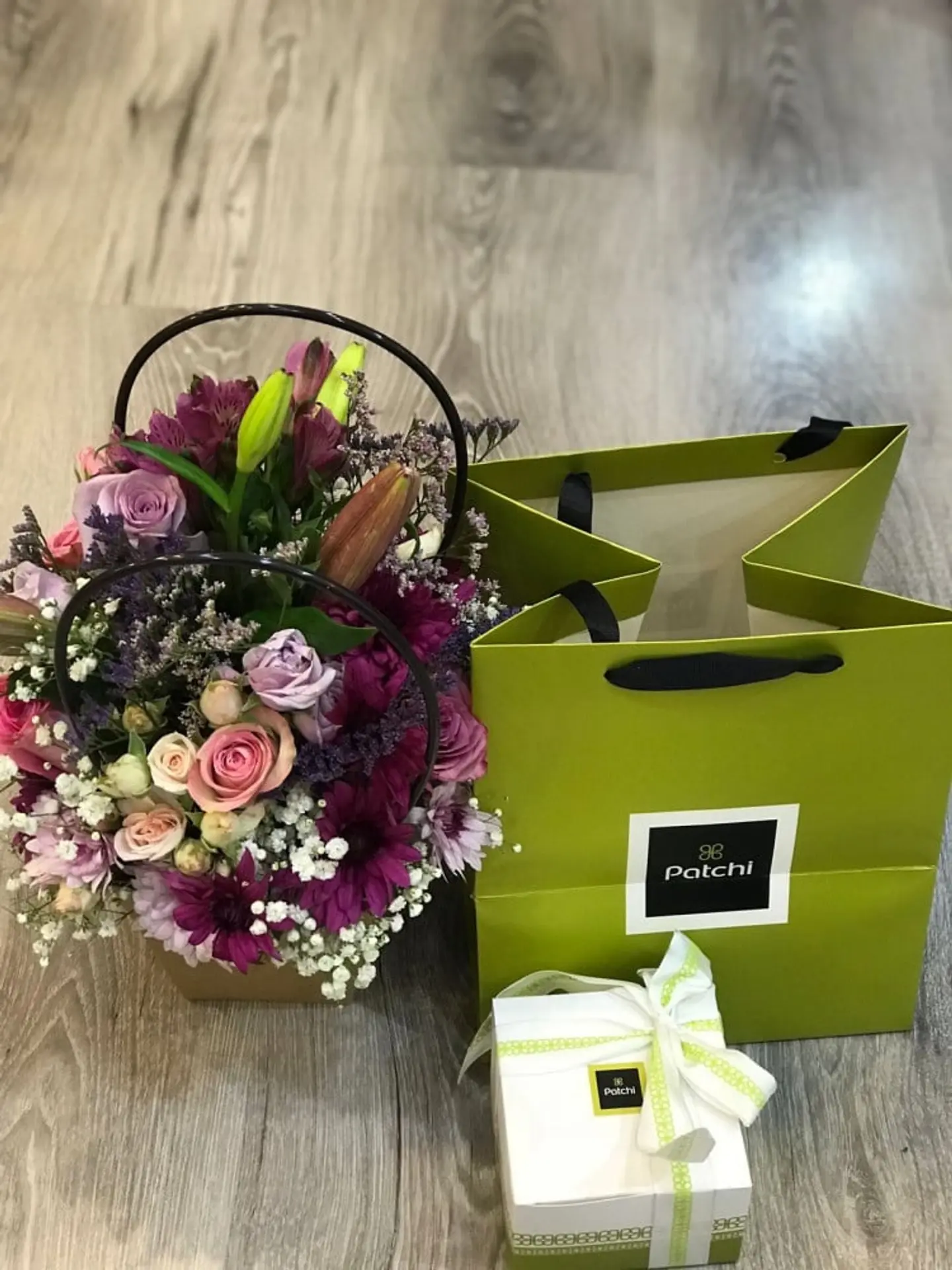 Patchi Dessert With A Basket Of Mixed Flowers