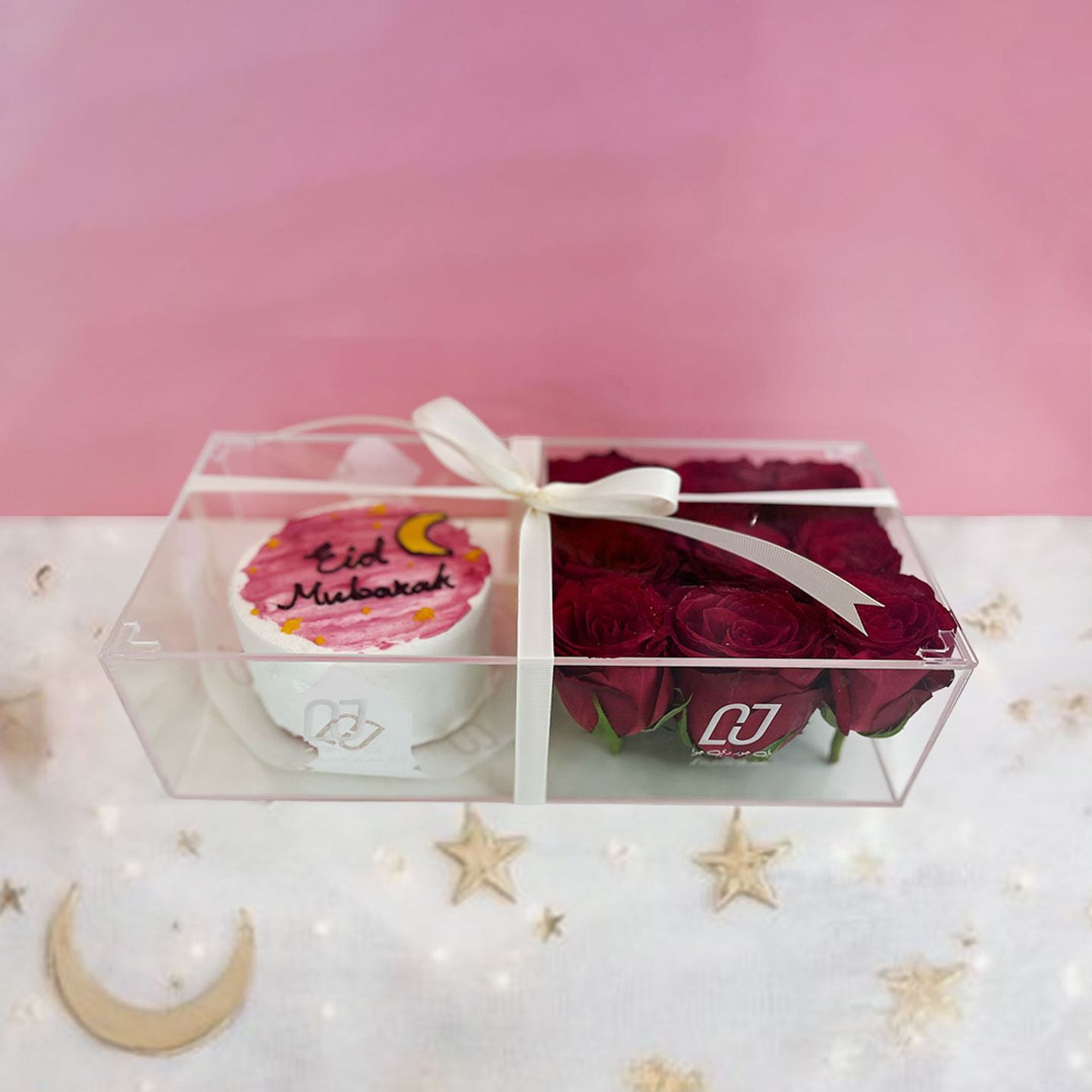 Eid Cake With Acrylic Box And Flowers