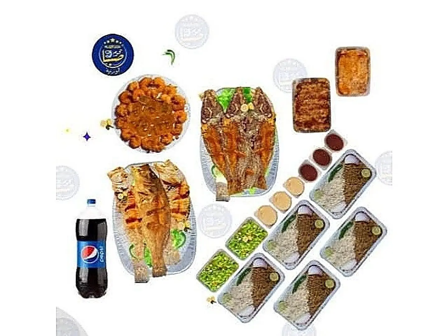 1.5 Kg Fried Hamou + 1.5 Kg Fried Shawarma + 1 Kg Fried Shrimp + 5 Mixed Rice + 2 Large Marsi + 2 Large Vegetable Salads + 3 Ham + 3 Tahini + Family Pepsi