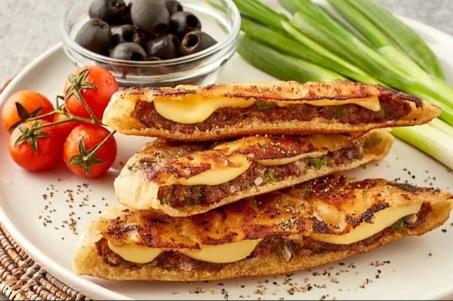 Hawawshi With Cheese, Olives And Tomatoes